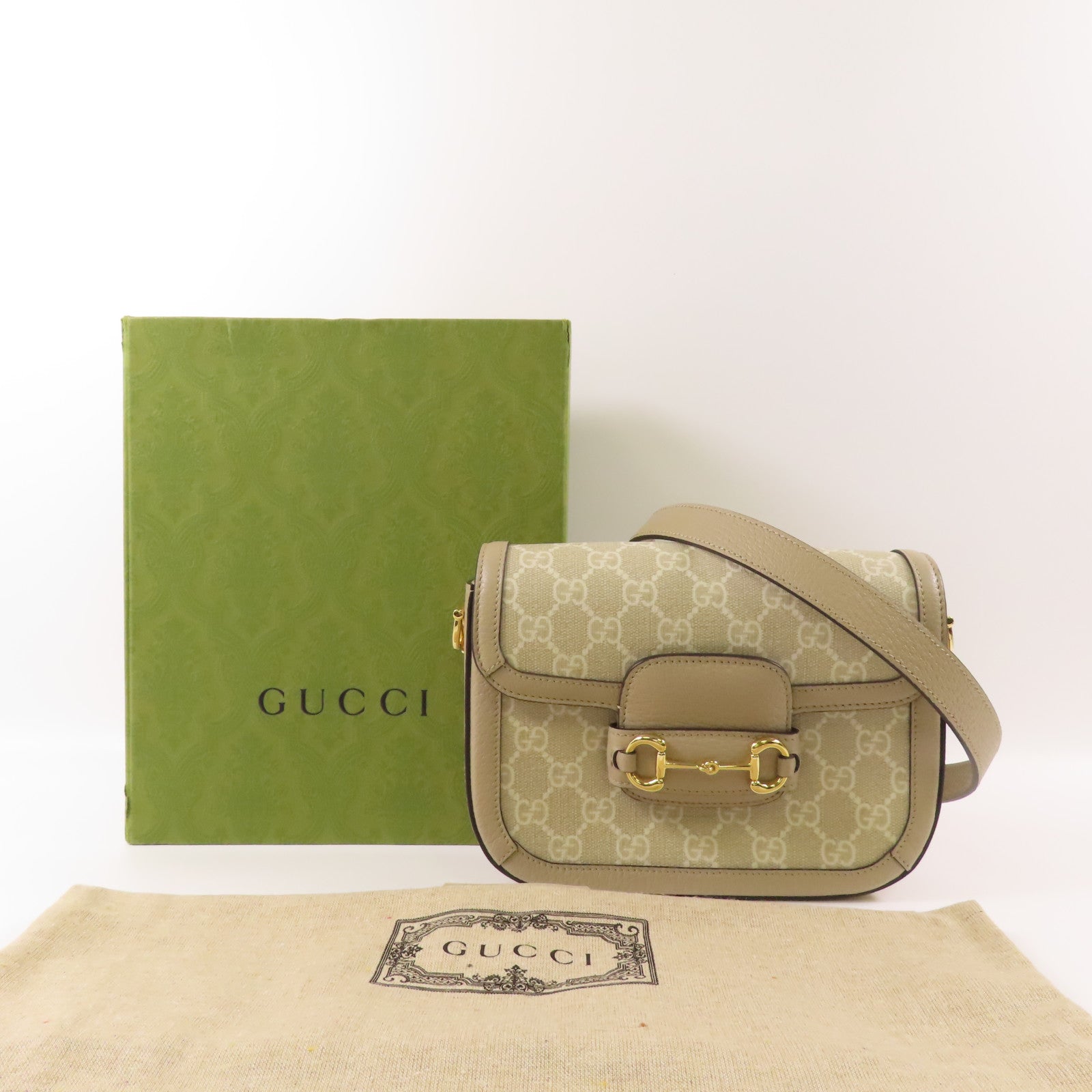 GUCCI GG SHW Horsebit 1955 Shoulder Bag 658574 Coated Canvas Beige