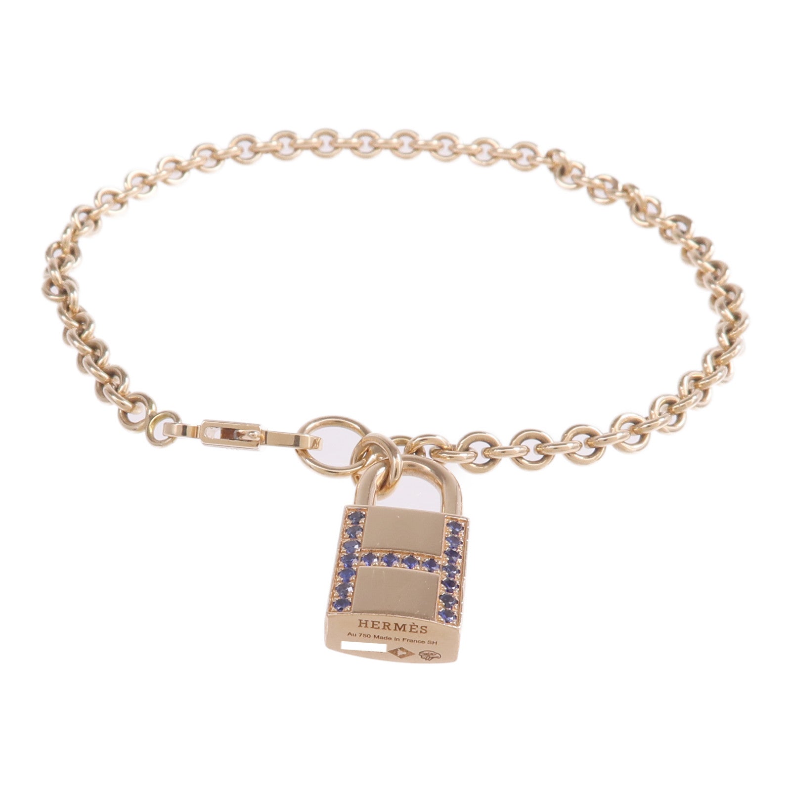 HERMES 18K玫瑰金/藍寶石Amulettes Cadenas Bracelet手鏈