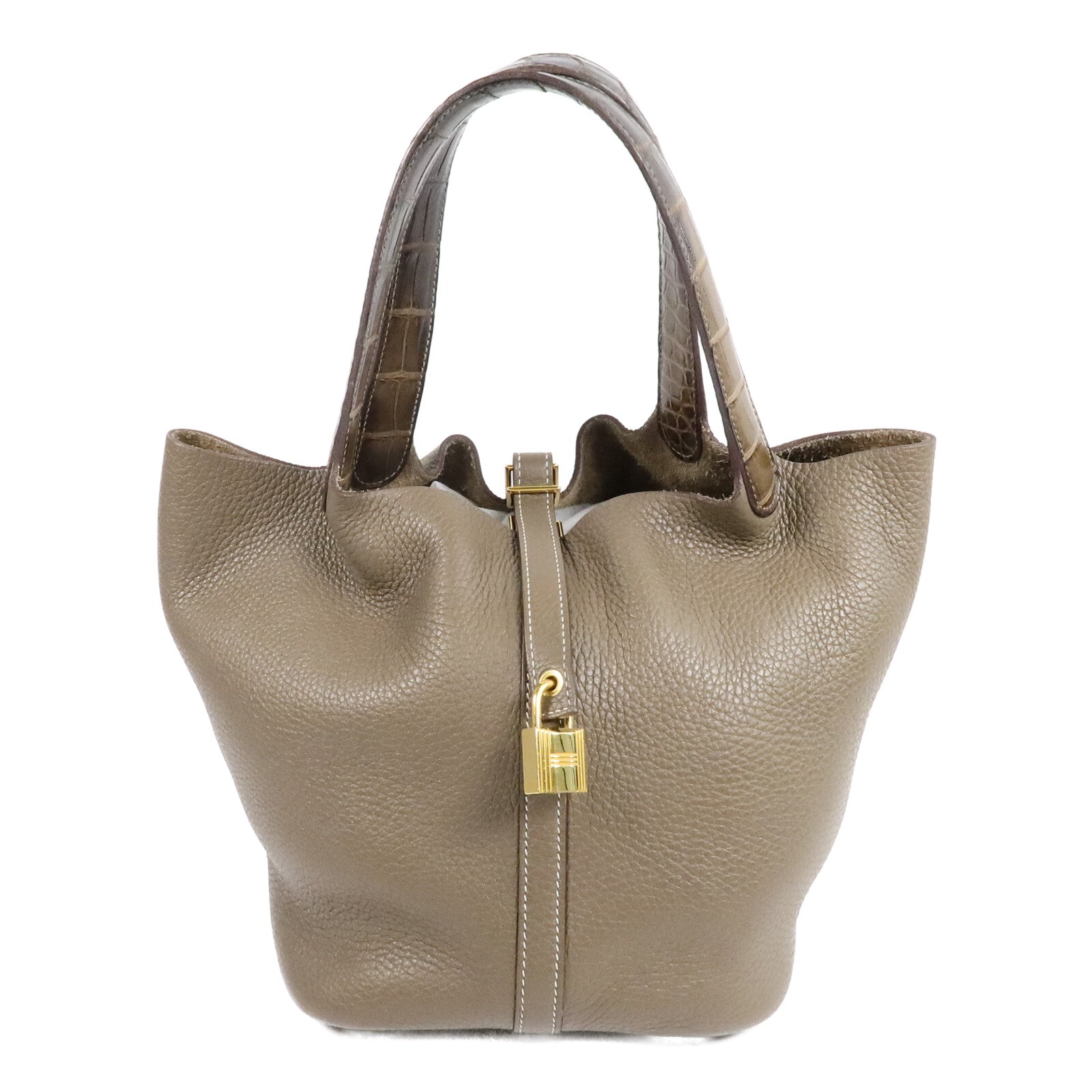 HERMES Clemence/鱷魚皮革Picotin MM扣手挽袋Etoupe