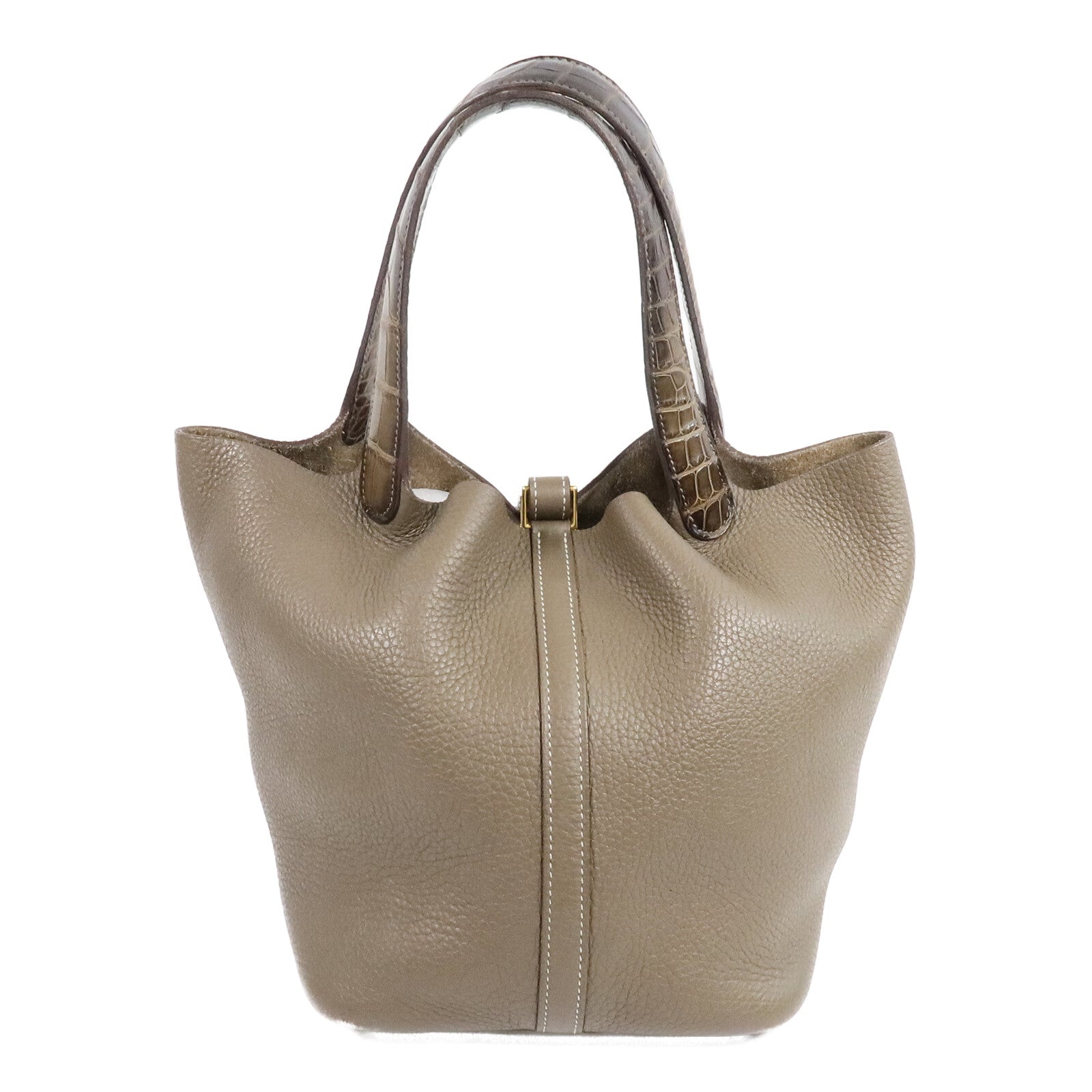 HERMES Clemence/鱷魚皮革Picotin MM扣手挽袋Etoupe