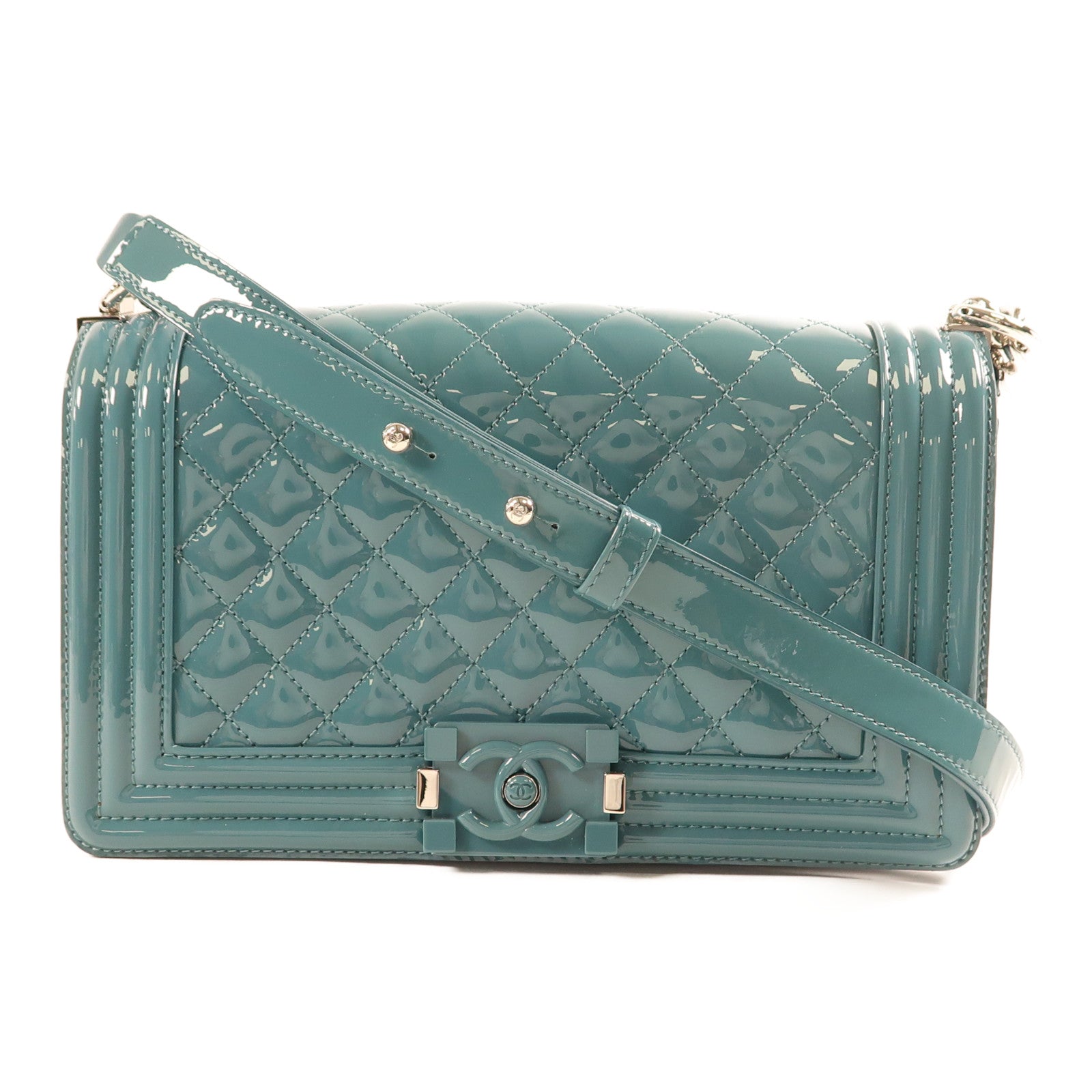 CHANEL CC SHW Boy 25 Chain Shoulder Bag Patent Leather Green