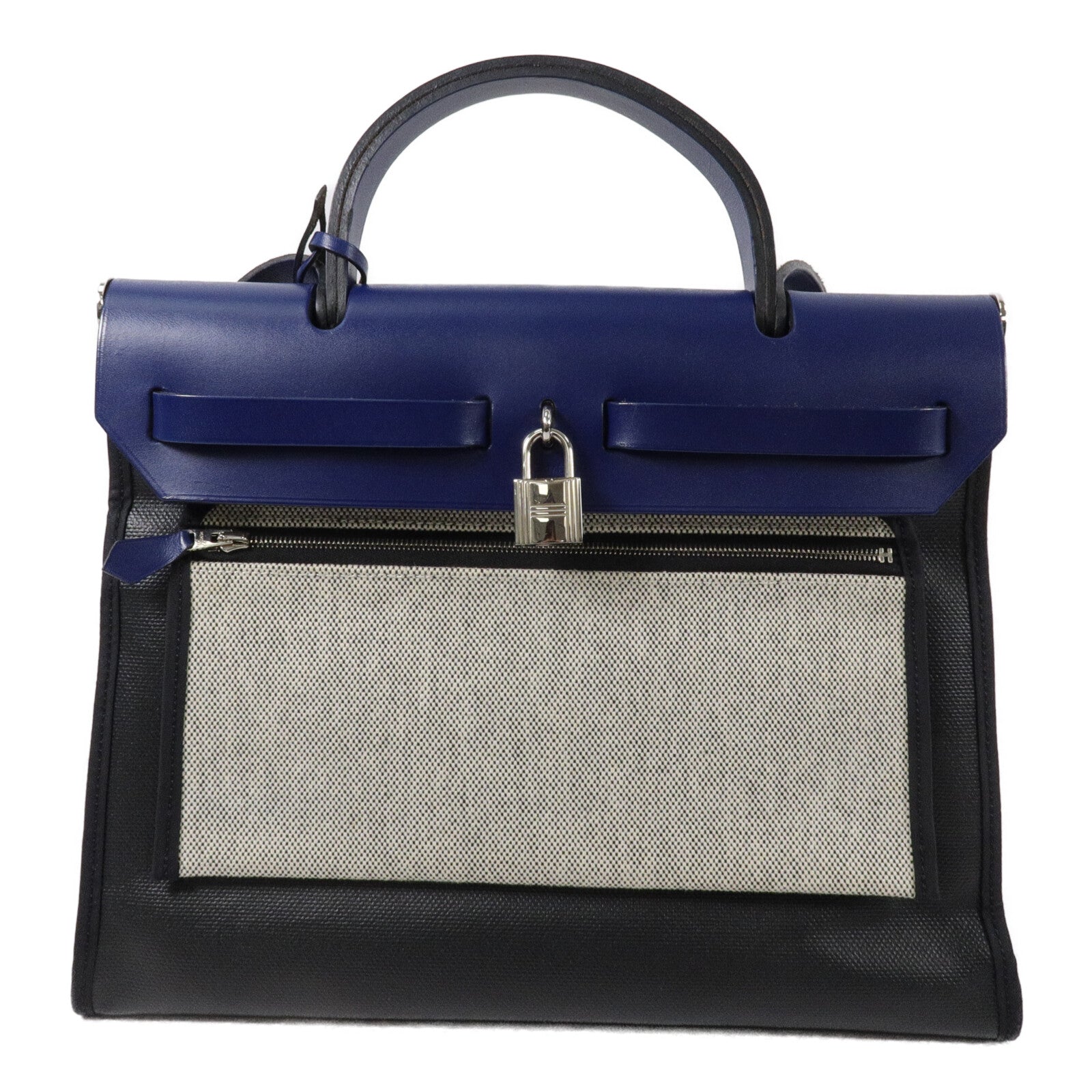 HERMES 帆布Herbag PM手挽肩背兩用袋Noir/Bleu Saphrie