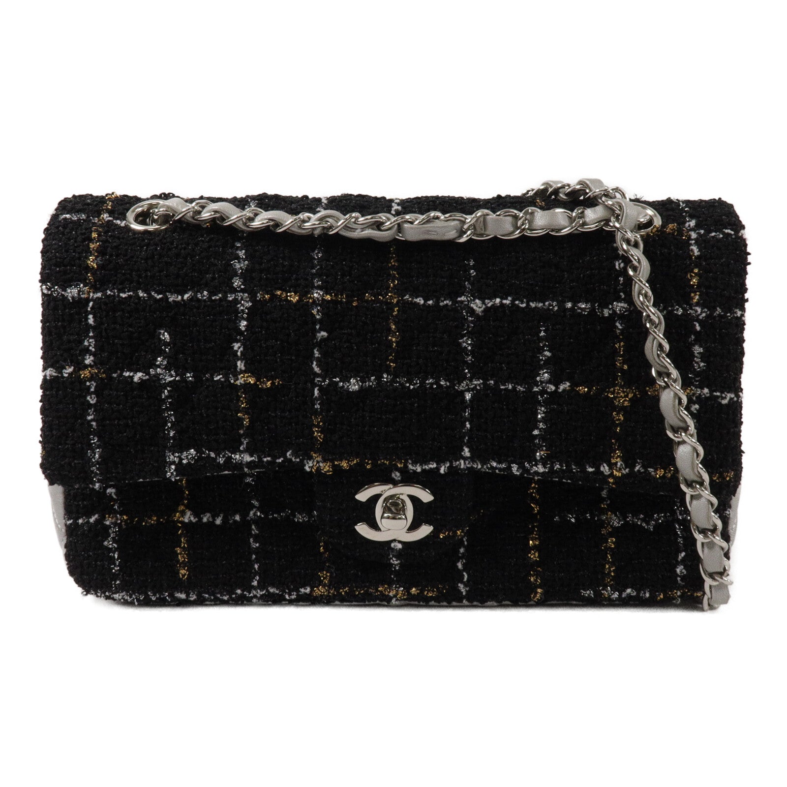 CHANEL Tweed/牛皮皮革Classic Flap Tweed鏈帶肩背袋