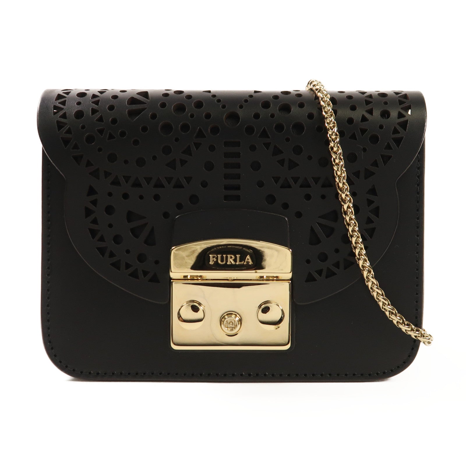 Furla 牛皮皮革Chain Shoulder金扣鏈帶肩背袋