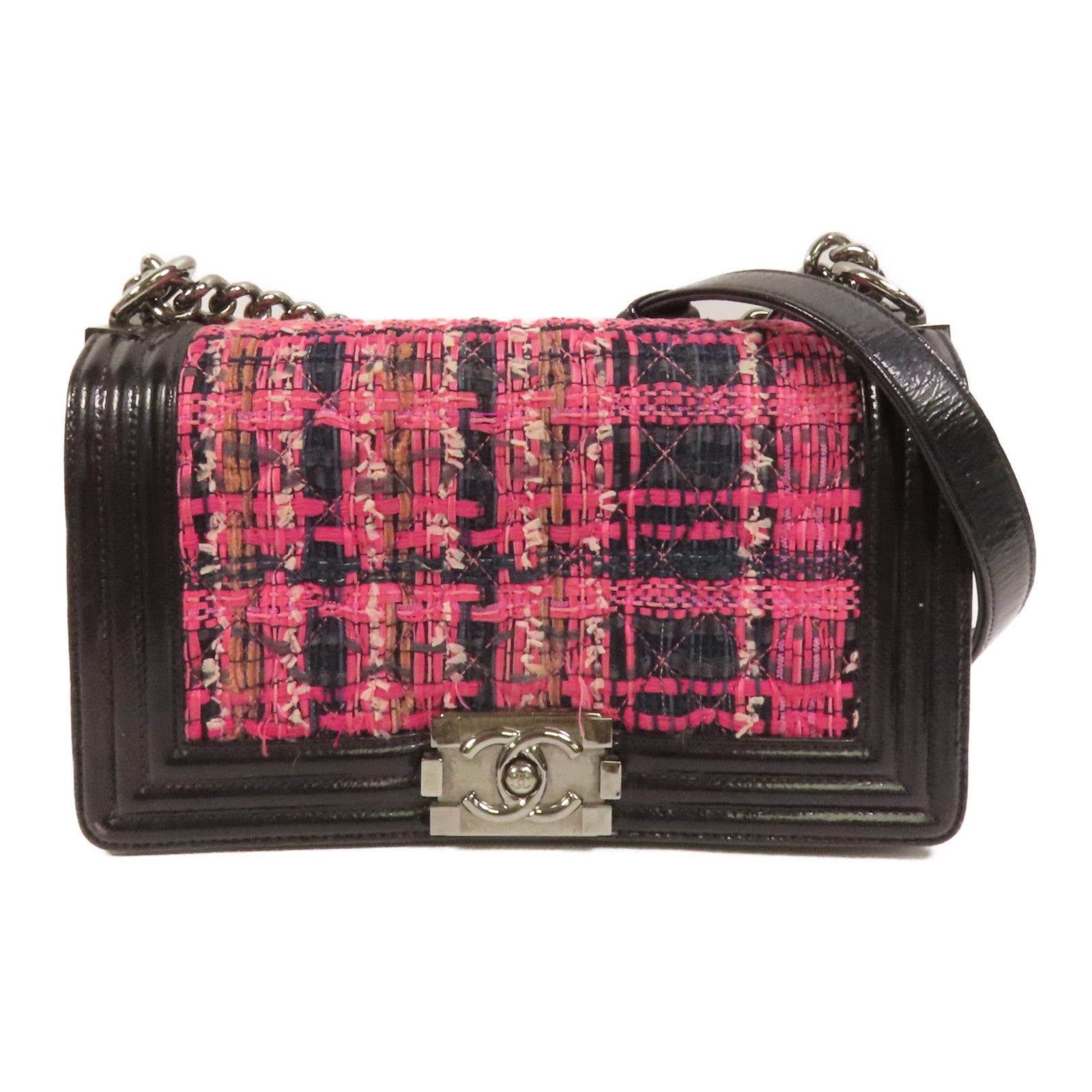 CHANEL 【激減優惠】Tweed/牛皮皮革Boy 25銀扣鏈帶肩背袋