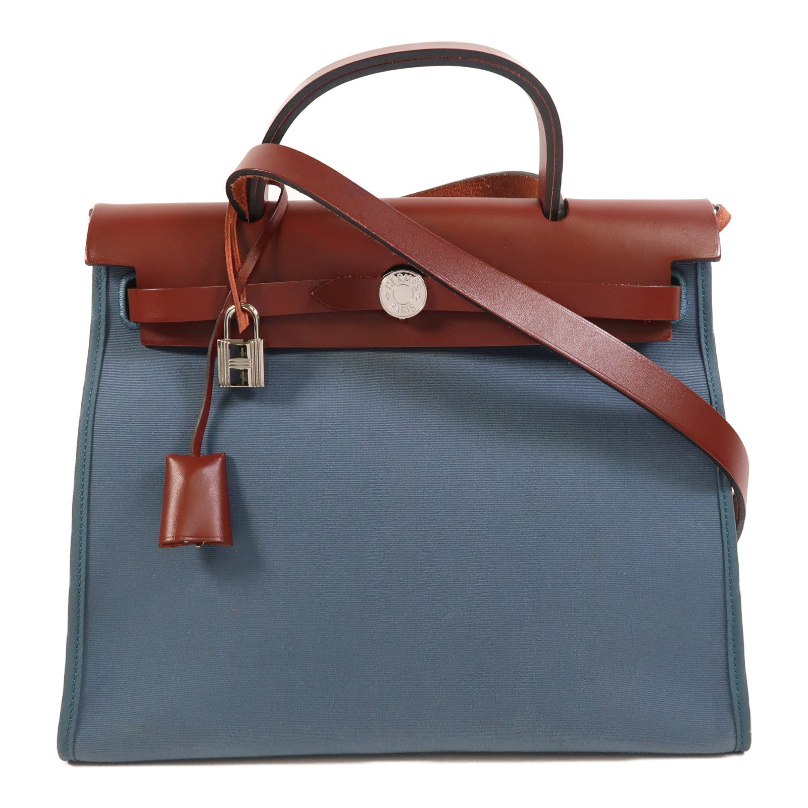 HERMES 帆布Herbag PM銀扣手挽肩背兩用袋Bleu Tempete/Rouge H