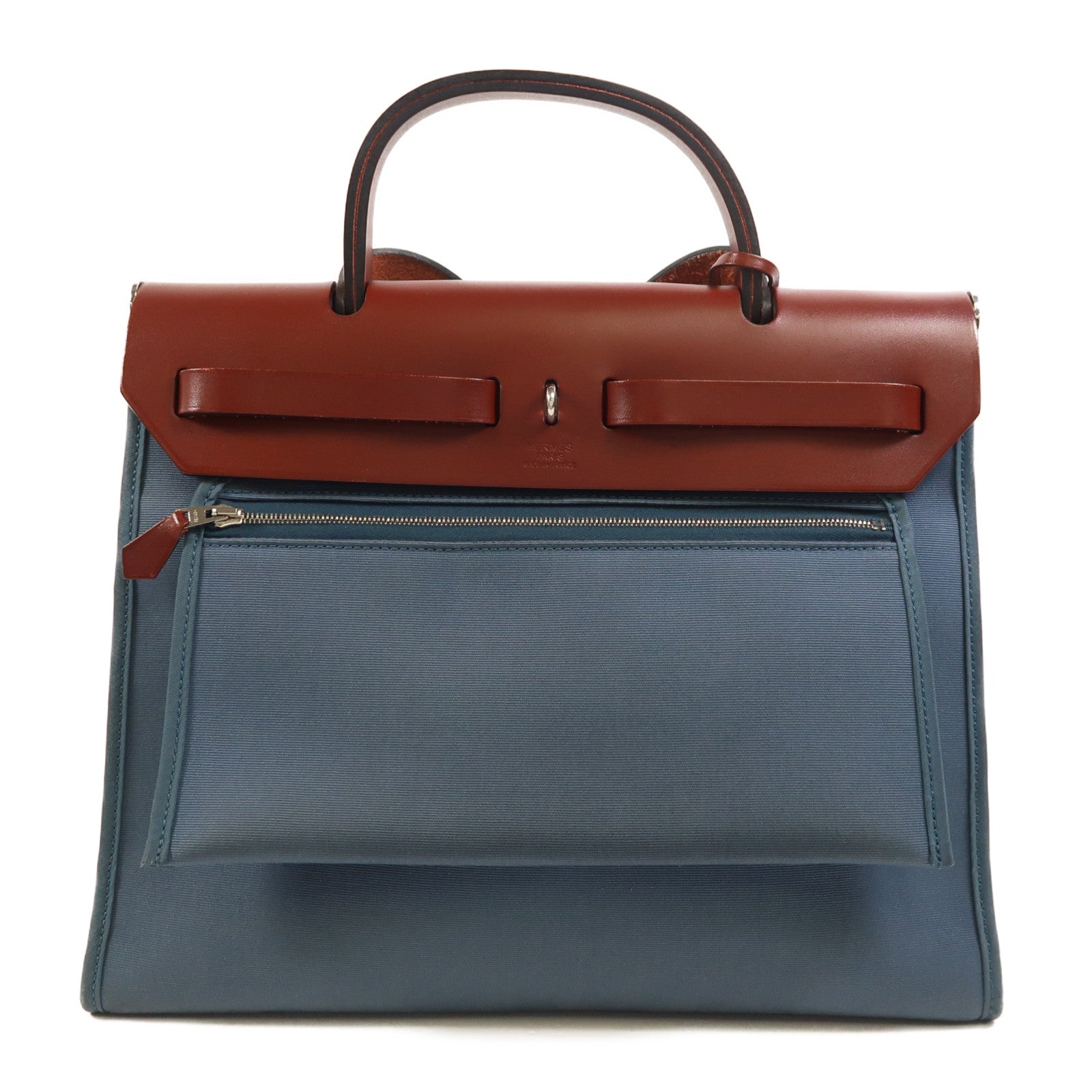 HERMES 帆布Herbag PM銀扣手挽肩背兩用袋Bleu Tempete/Rouge H