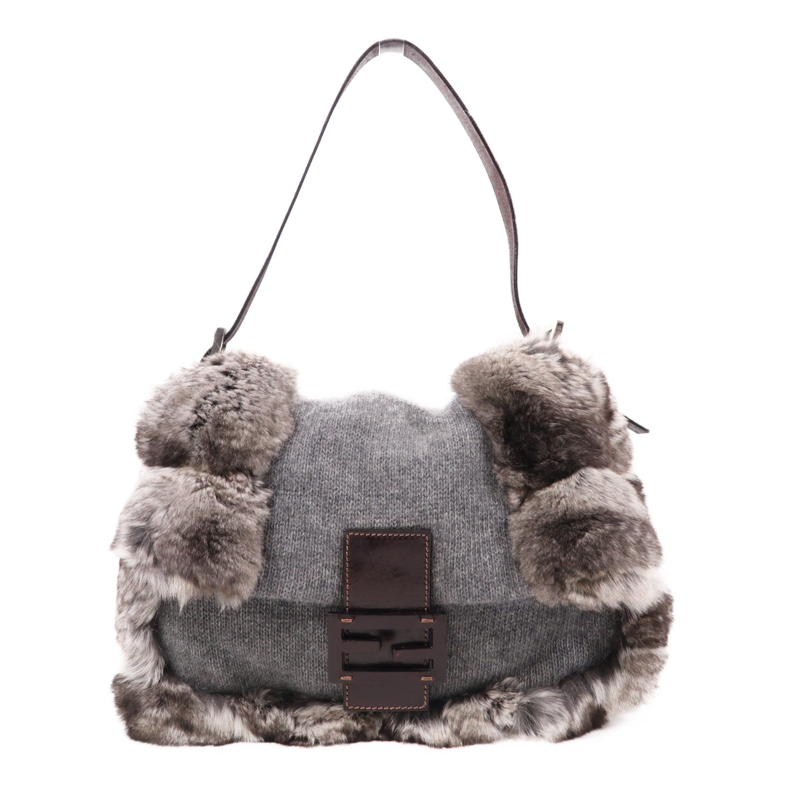 FENDI 羊毛/兔毛Baguette銀扣肩背袋