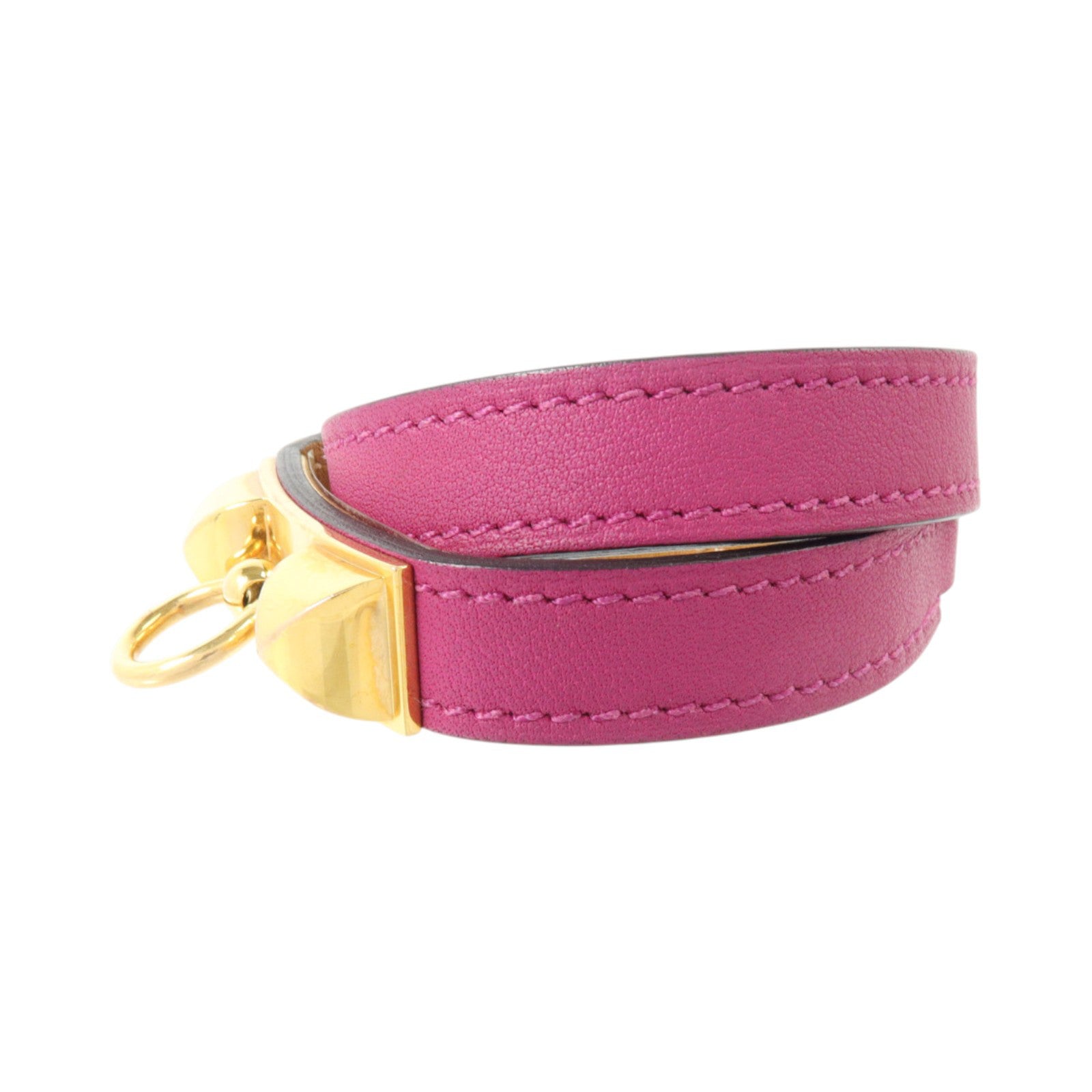 HERMES Swift皮革Rivale Double Tour Bangel金扣手鐲Rose Pourpre