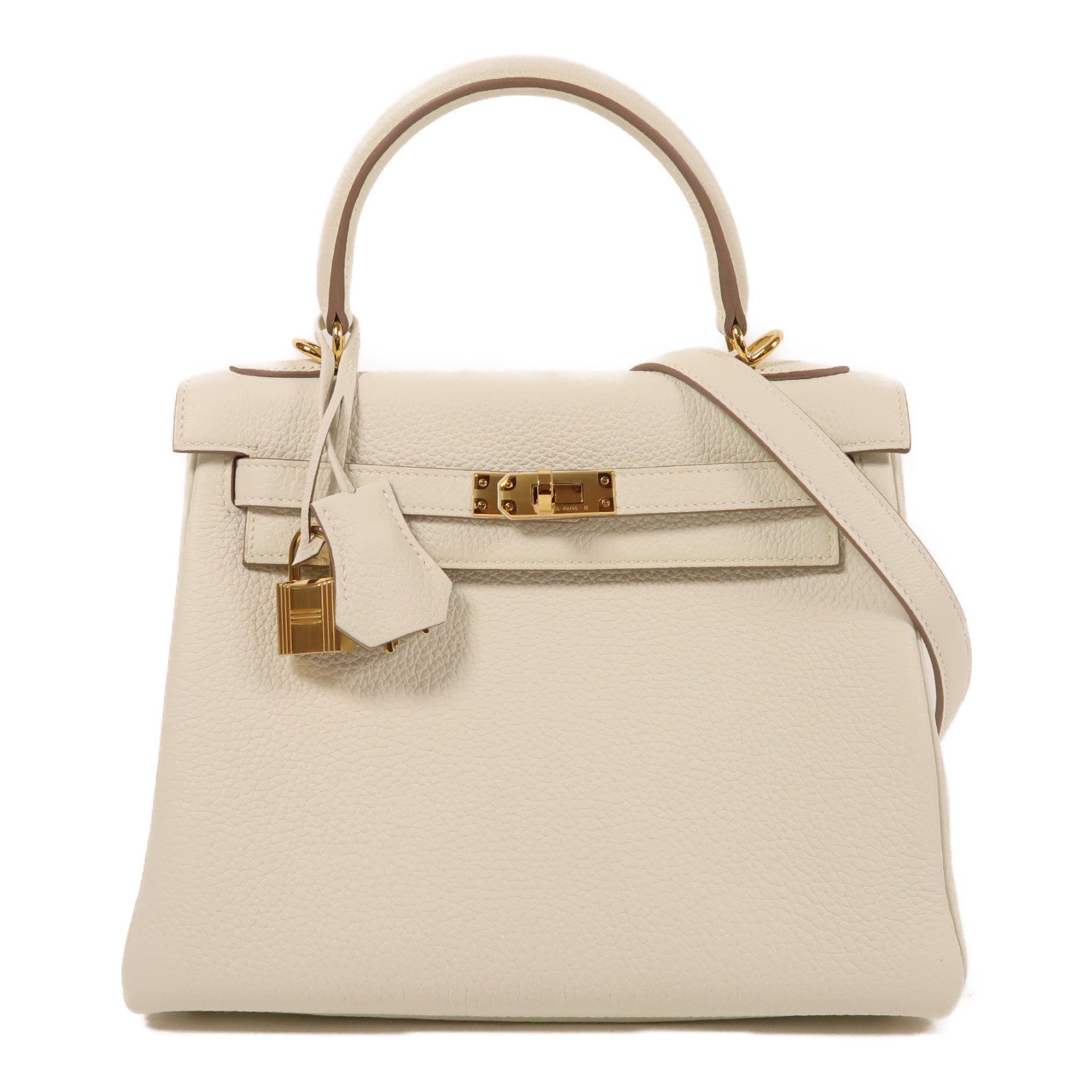 HERMES GHW Kelly 25 2 Way Shoulder Bag Togo Leather White