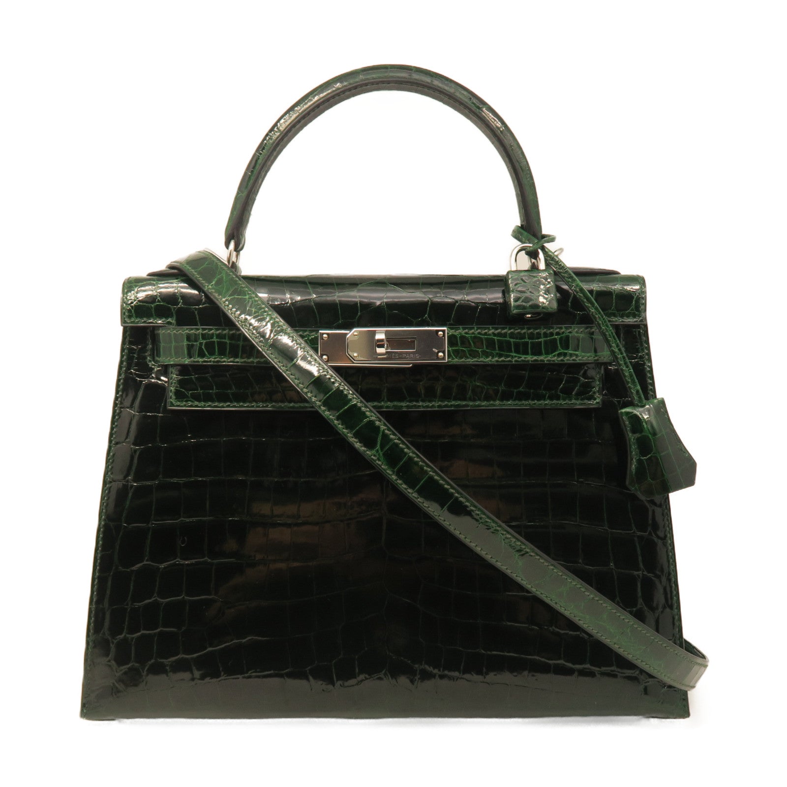 HERMES crocodile leather Sac Kelly II Sellier 28 silver buckle handle bag crocodile army green