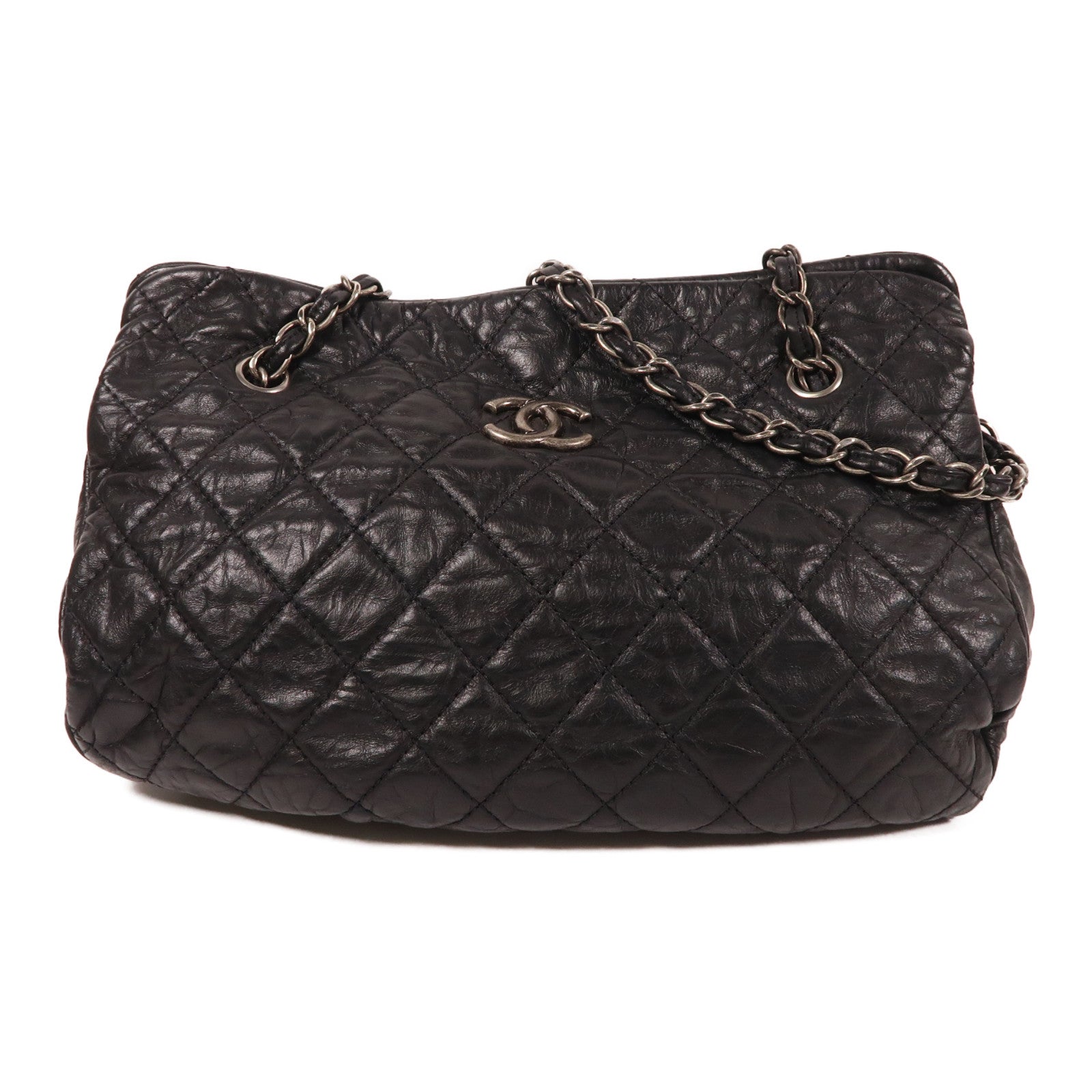 CHANEL 牛皮皮革Chain Shoulder銀扣鏈帶肩背袋黑色