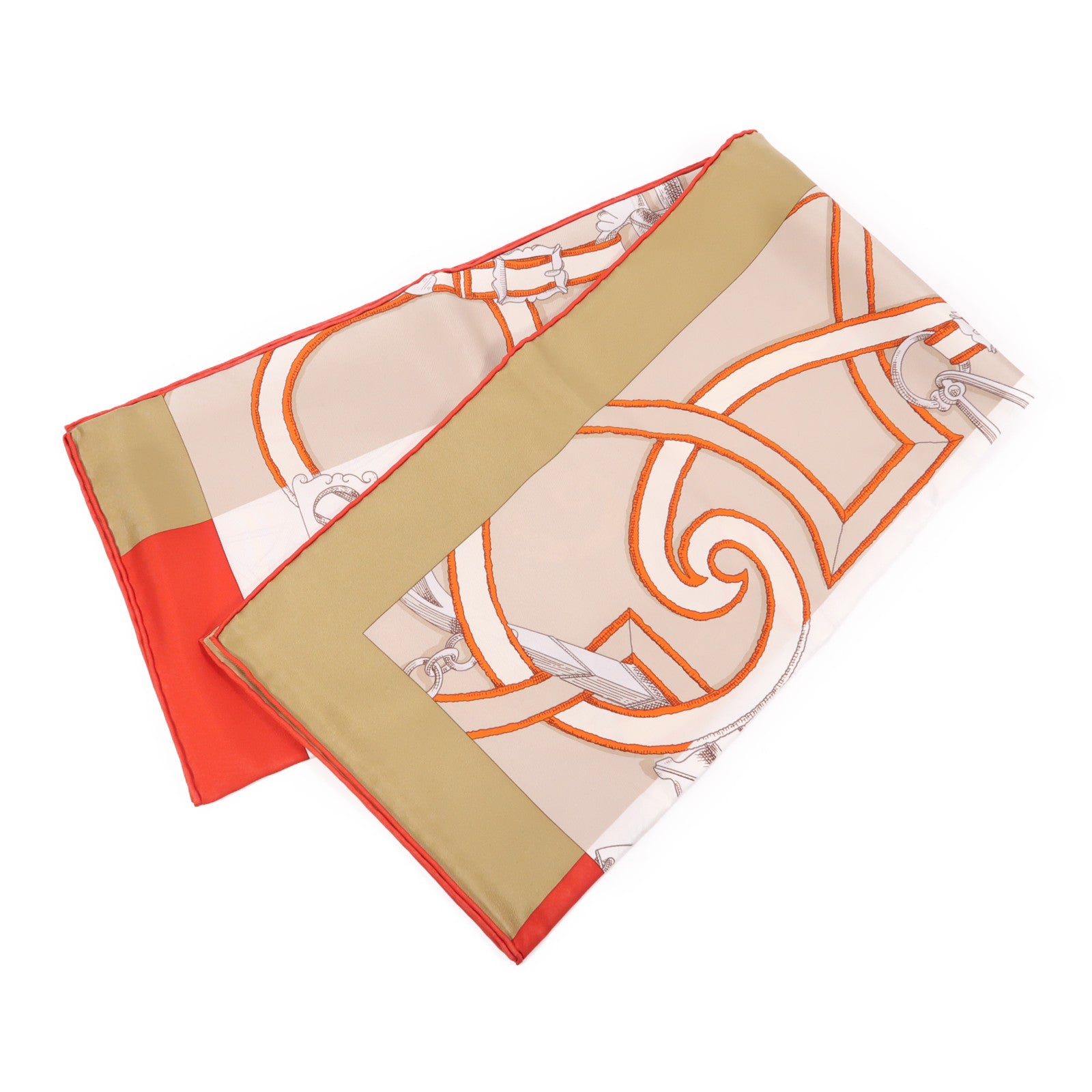 HERMES Scarf 90x90cm Silk Khaki/Red