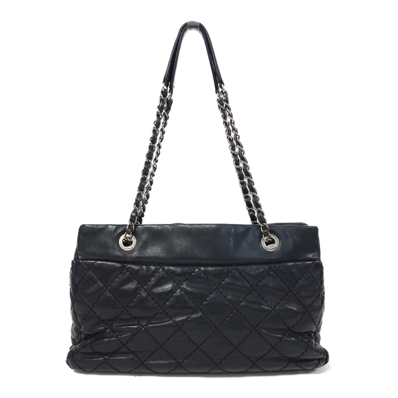 CHANEL 【激減優惠】菱格牛皮皮革Chain Shoulder銀扣鏈帶肩背袋黑色