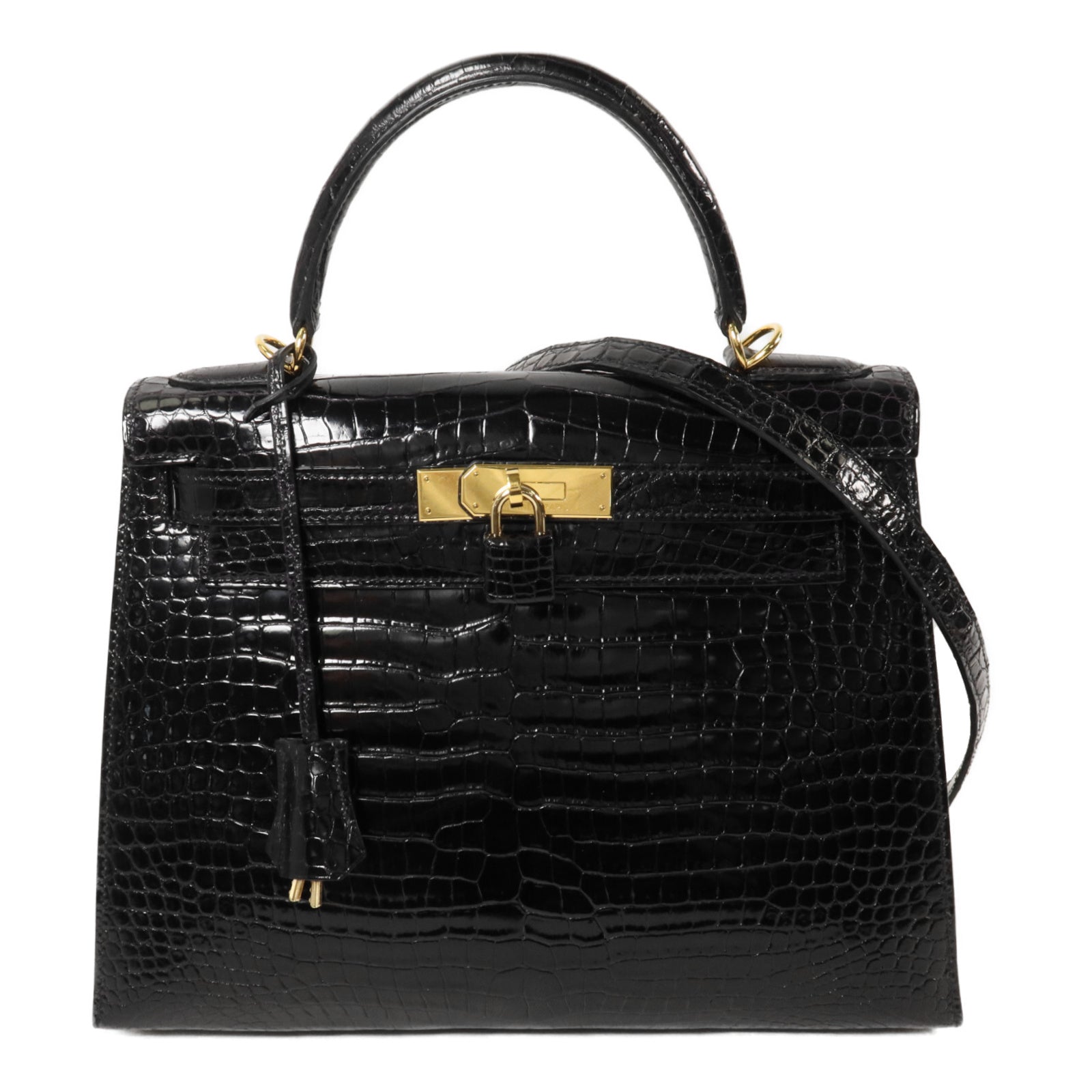 HERMES 鱷魚皮革Kelly 28手挽肩背兩用袋Noir