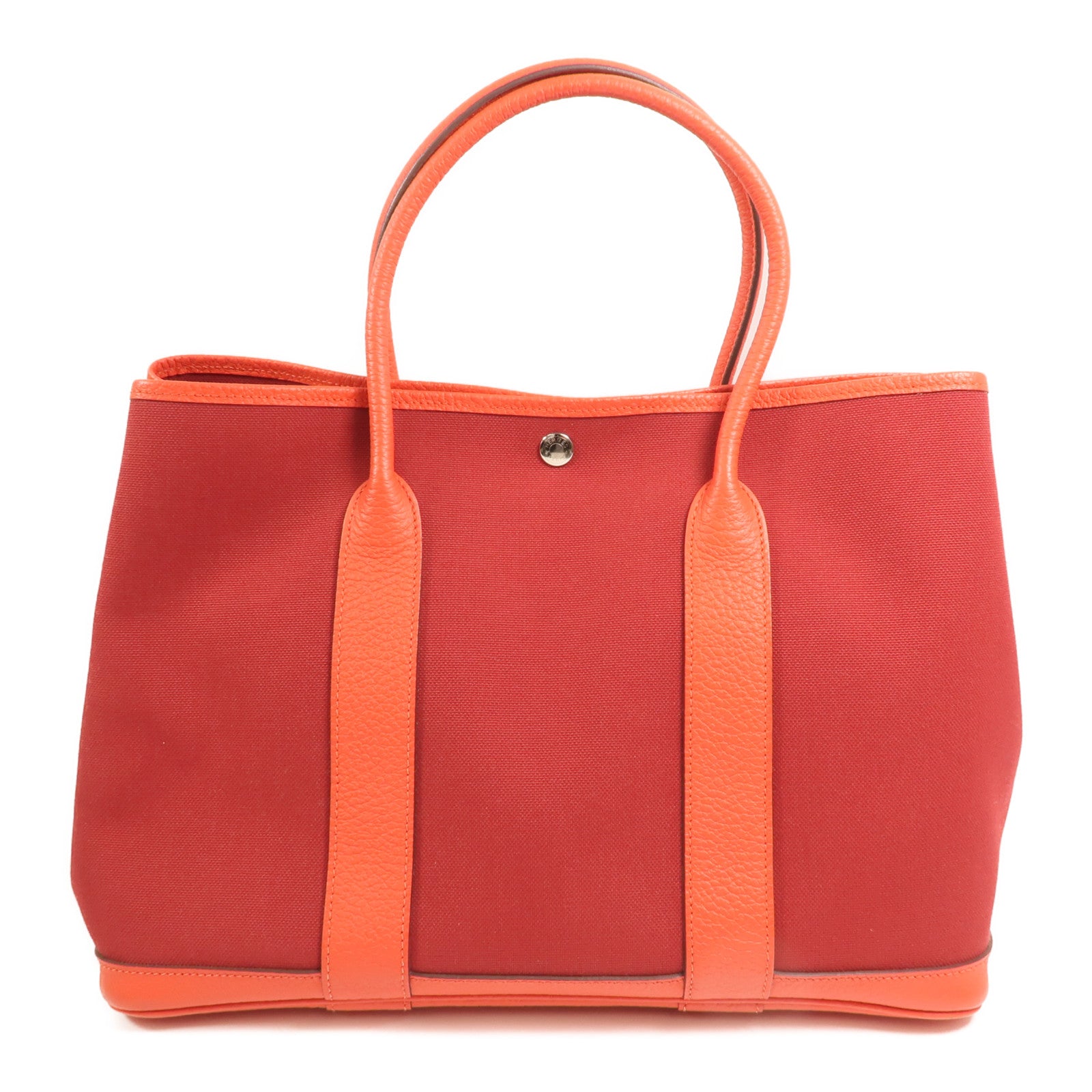 HERMES 【激減優惠】帆布GardenParty PM銀扣手挽袋Rouge Tomate/Capucin