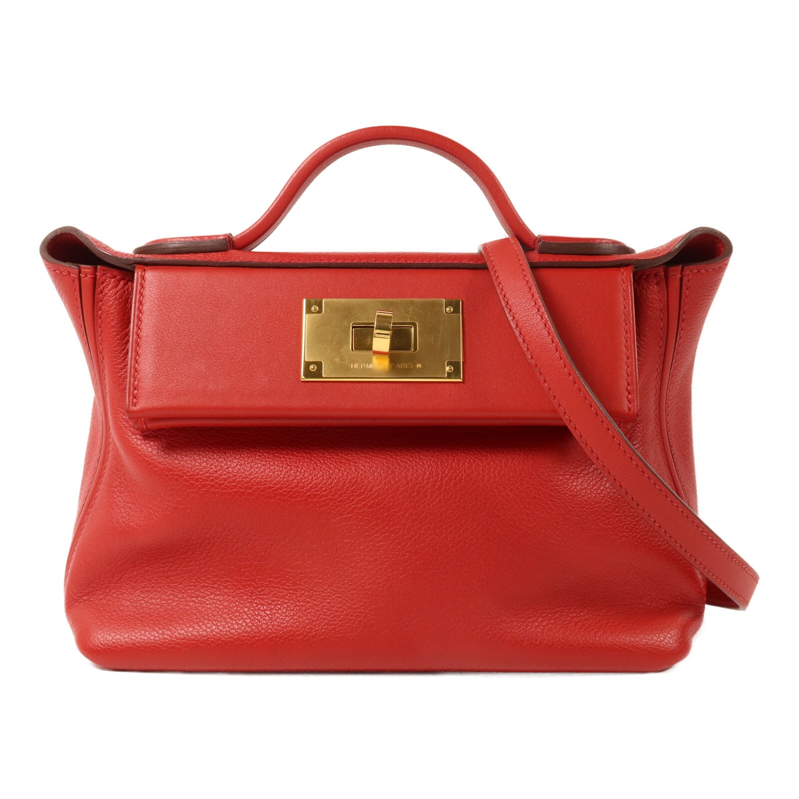 HERMES Swift皮革/Evercolor皮革Mini 24/24手挽肩背兩用袋Rouge Piment