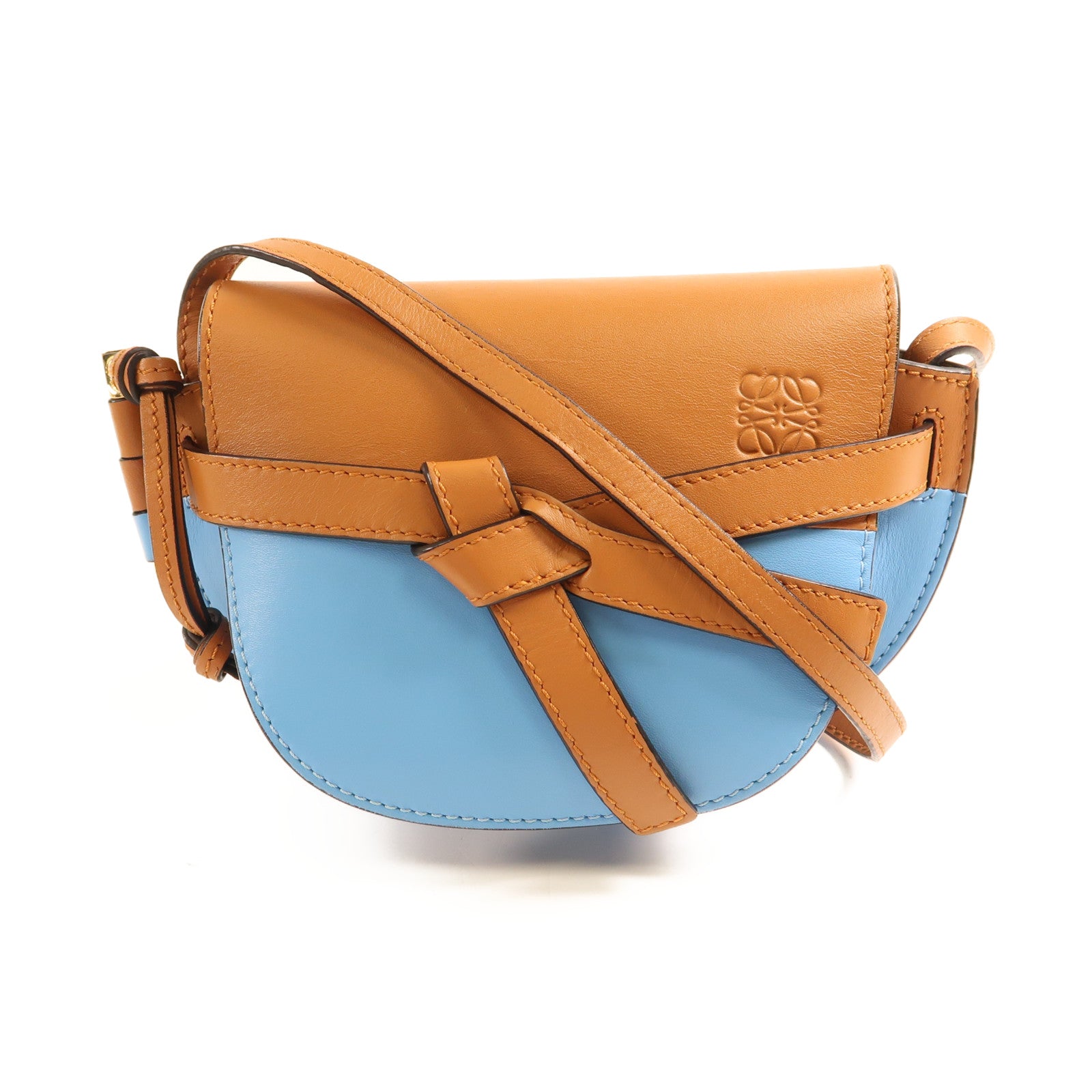 LOEWE GHW Mini Gate Crossbody Shoulder Bag Calfskin Leather Brown/Light Blue