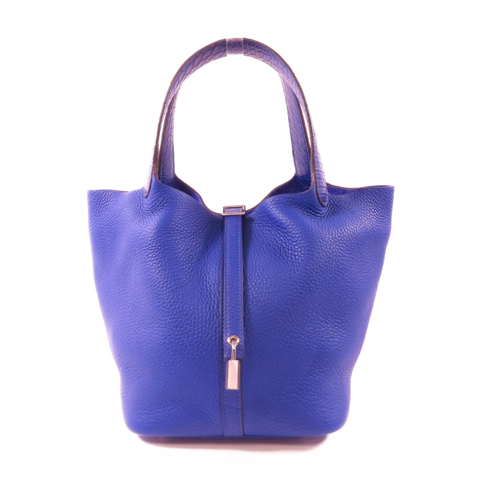 HERMES Clemence皮革/鱷魚皮革Picotin MM Touch銀扣手挽袋7T Bleu Electrique