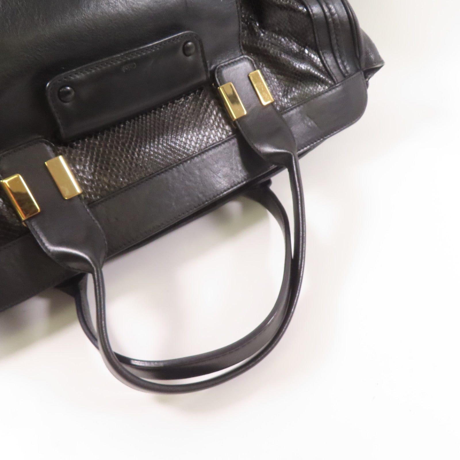 Chloe 牛皮皮革/蛇皮皮革Tote Bag金扣手挽袋黑色
