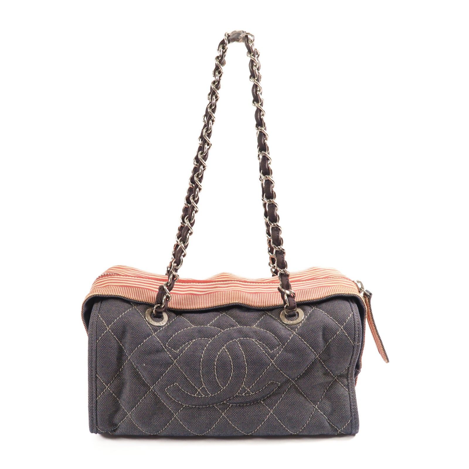 CHANEL 牛仔布Chain Shoulder銀扣鏈帶肩背袋