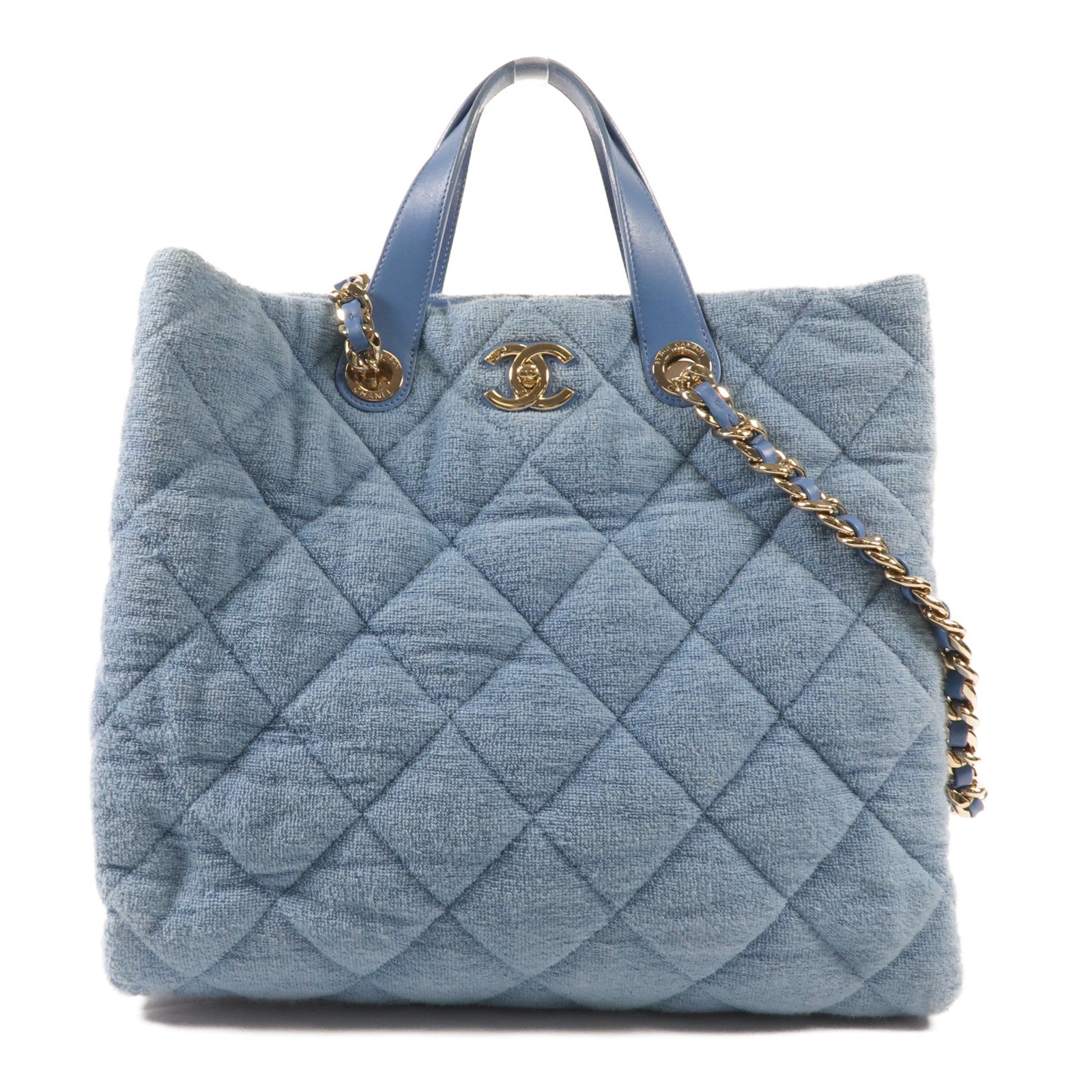 CHANEL 帆布Chain Shoulder金扣鏈帶手挽肩背兩用袋