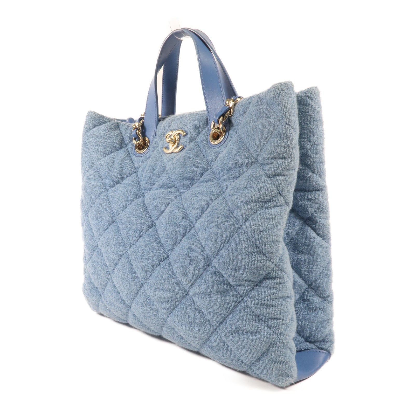 CHANEL 帆布Chain Shoulder金扣鏈帶手挽肩背兩用袋