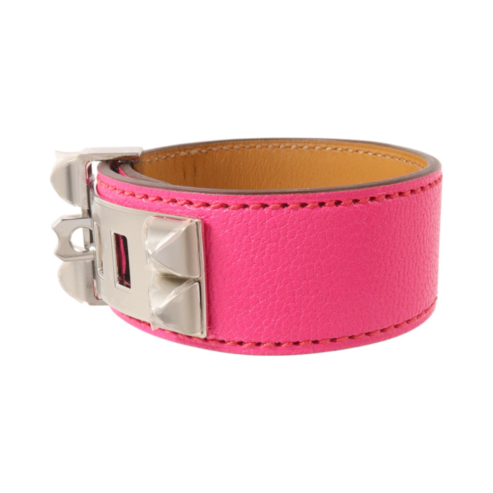 HERMES Chevre Chamkila皮革Collier De Chien 24 Bangle銀扣手鐲Rose Pop