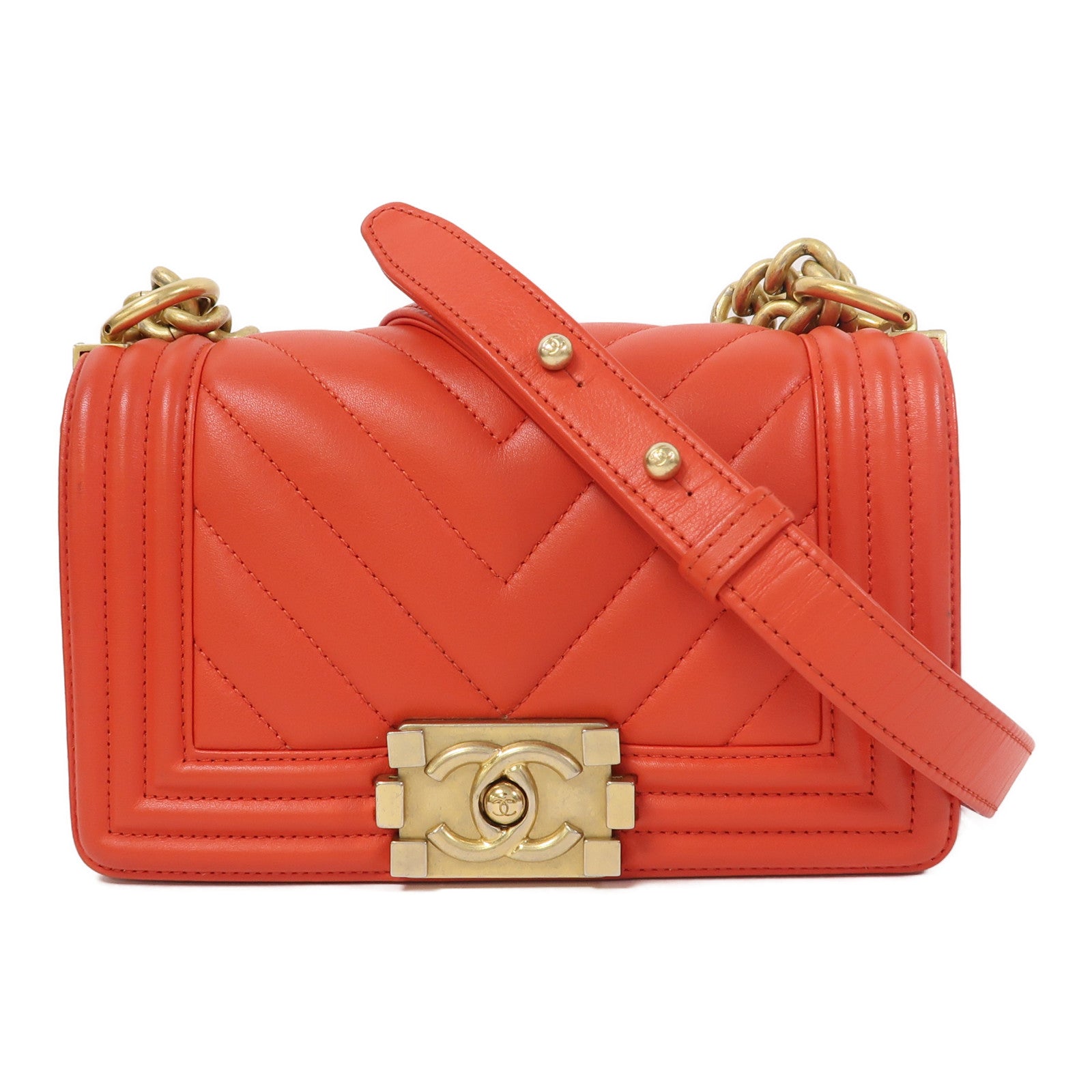 CHANEL 【激減優惠】斜紋羊皮皮革Boy Chanel金扣鏈帶肩背袋紅色