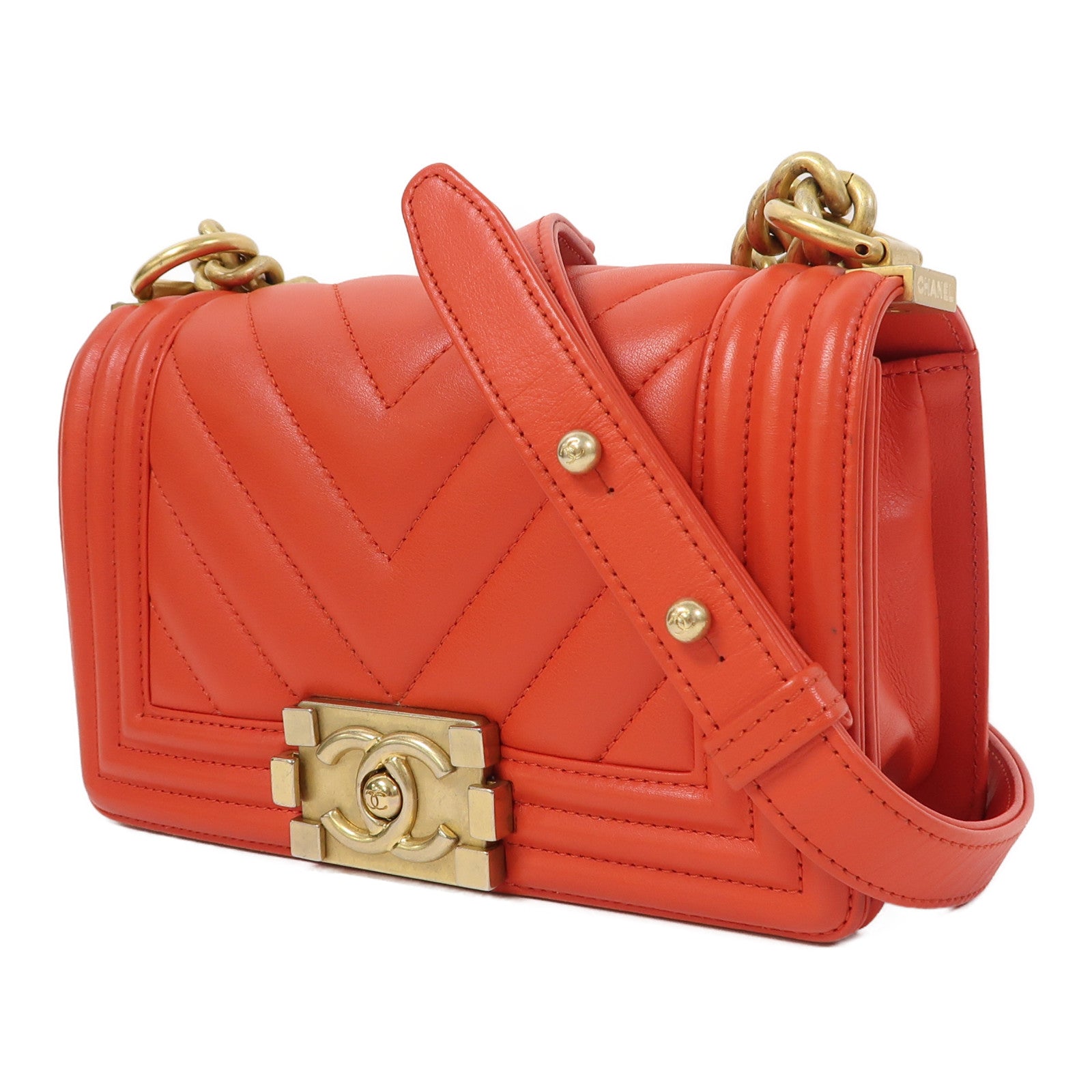 CHANEL 【激減優惠】斜紋羊皮皮革Boy Chanel金扣鏈帶肩背袋紅色