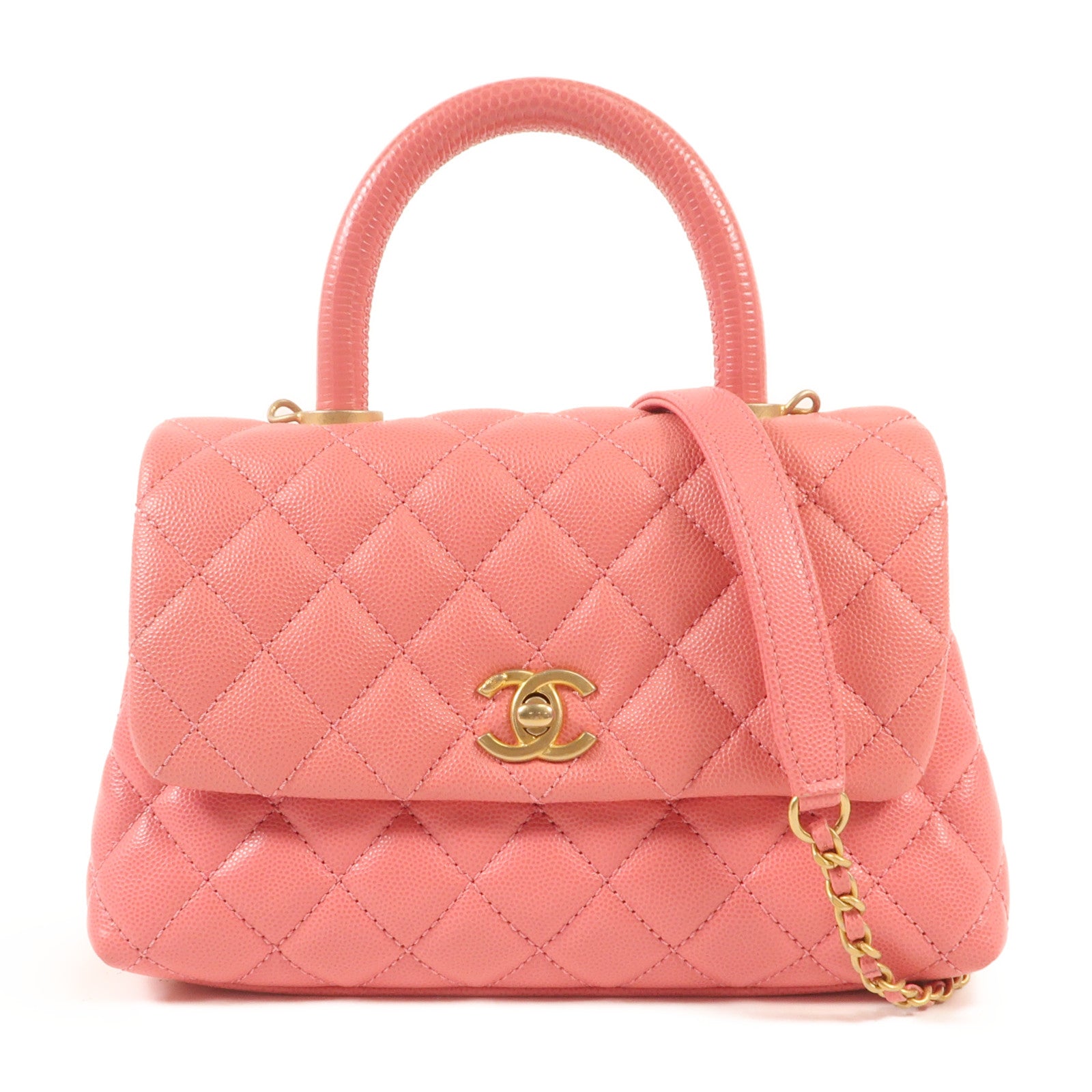 CHANEL 牛皮皮革Coco Handle Small金扣鏈帶手挽肩背兩用袋