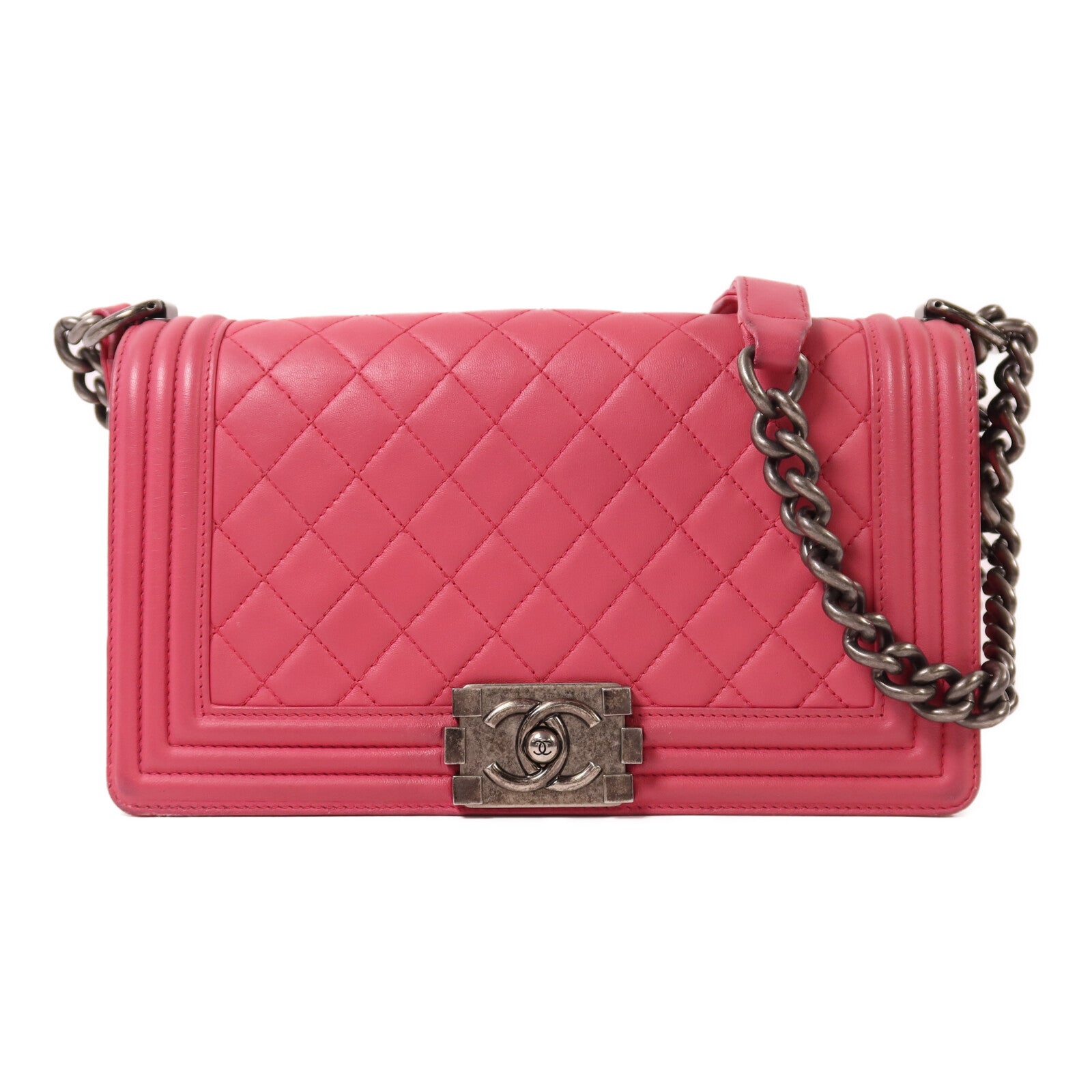 CHANEL 羊皮皮革Boy 25銀扣鏈帶肩背袋