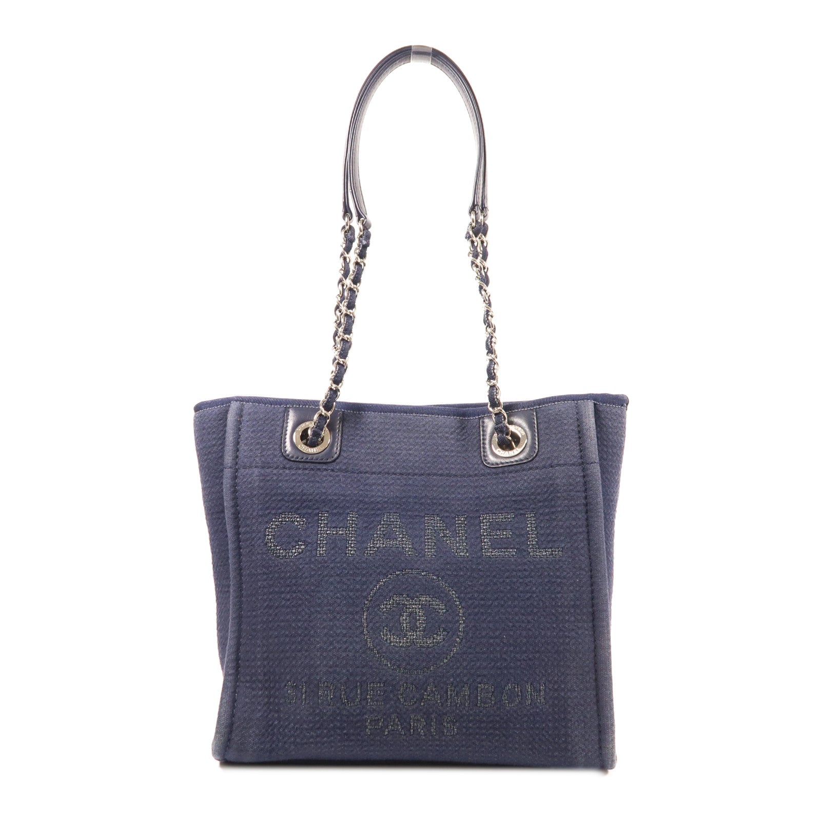 CHANEL 帆布Deauville PM銀扣肩背袋