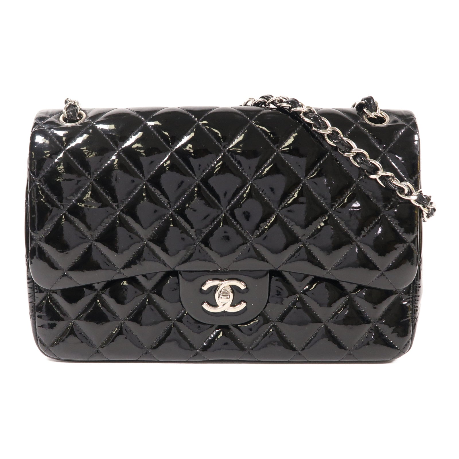 CHANEL 漆皮皮革Large Classic銀扣鏈帶肩背袋