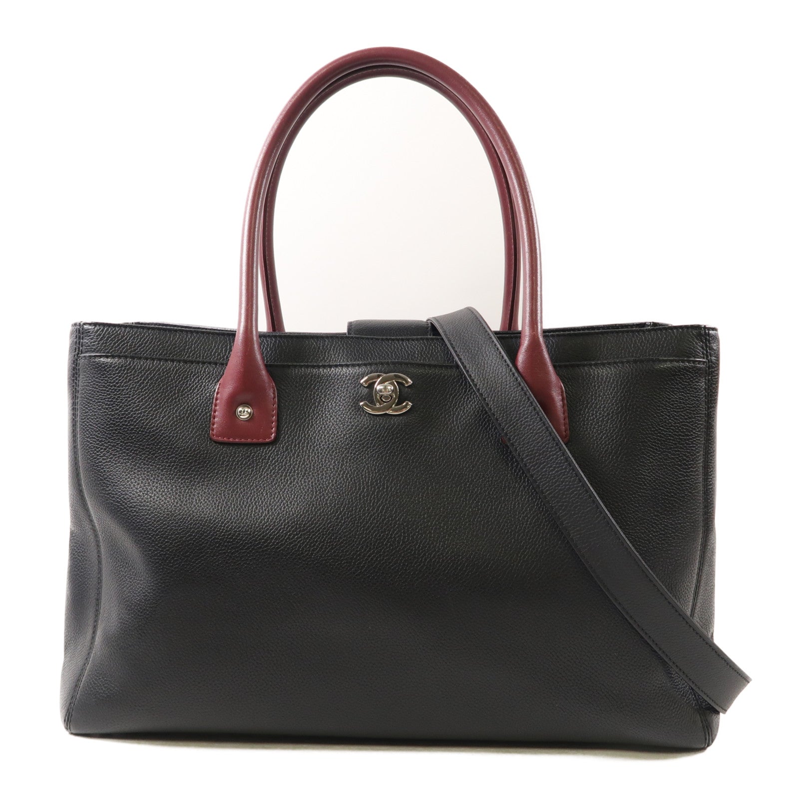 CHANEL CC SHW 2 Way Shoulder Bag Handbag Calfskin Black Red