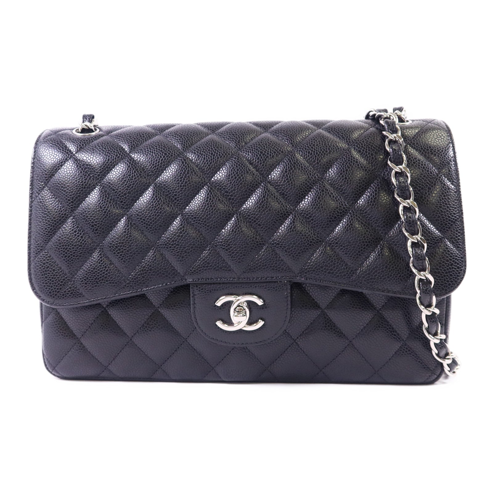 CHANEL 牛皮皮革Large Classic銀扣鏈帶肩背袋