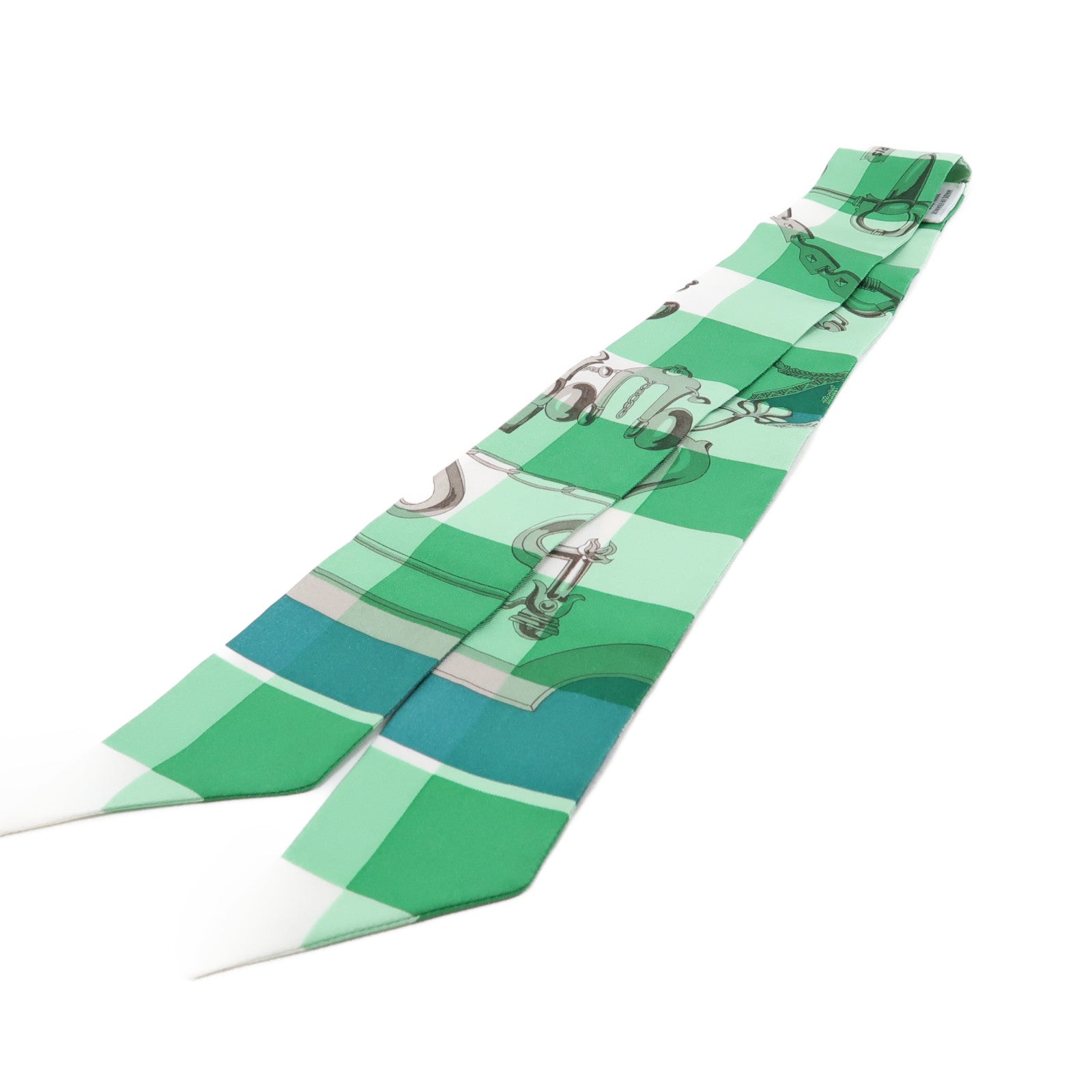 HERMES 絲質Twilly絲巾綠色/白色