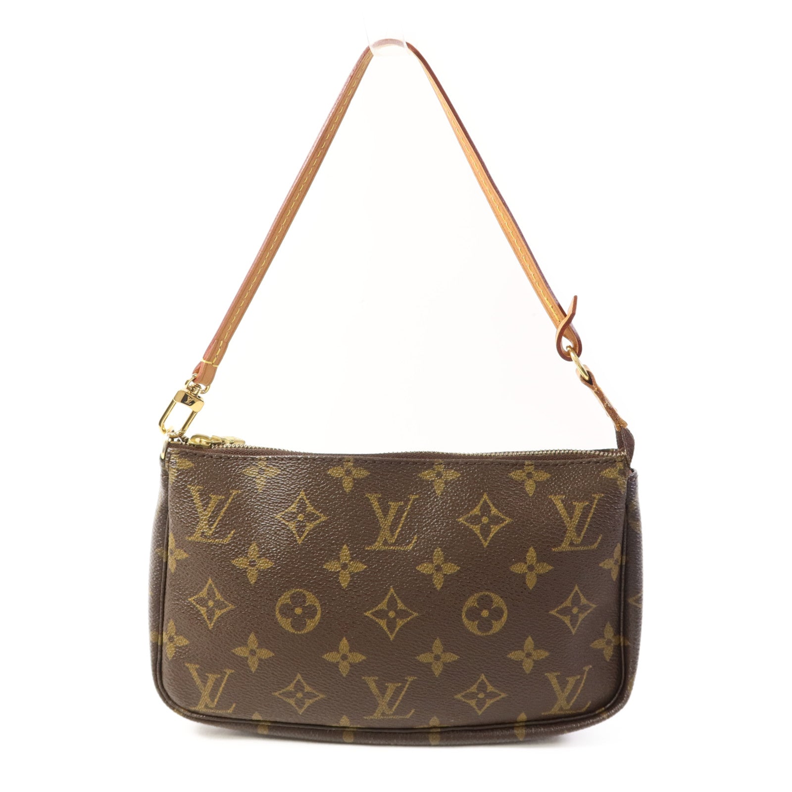 LOUIS VUITTON Monogram Pochette Accessoires金扣手挽袋棕色