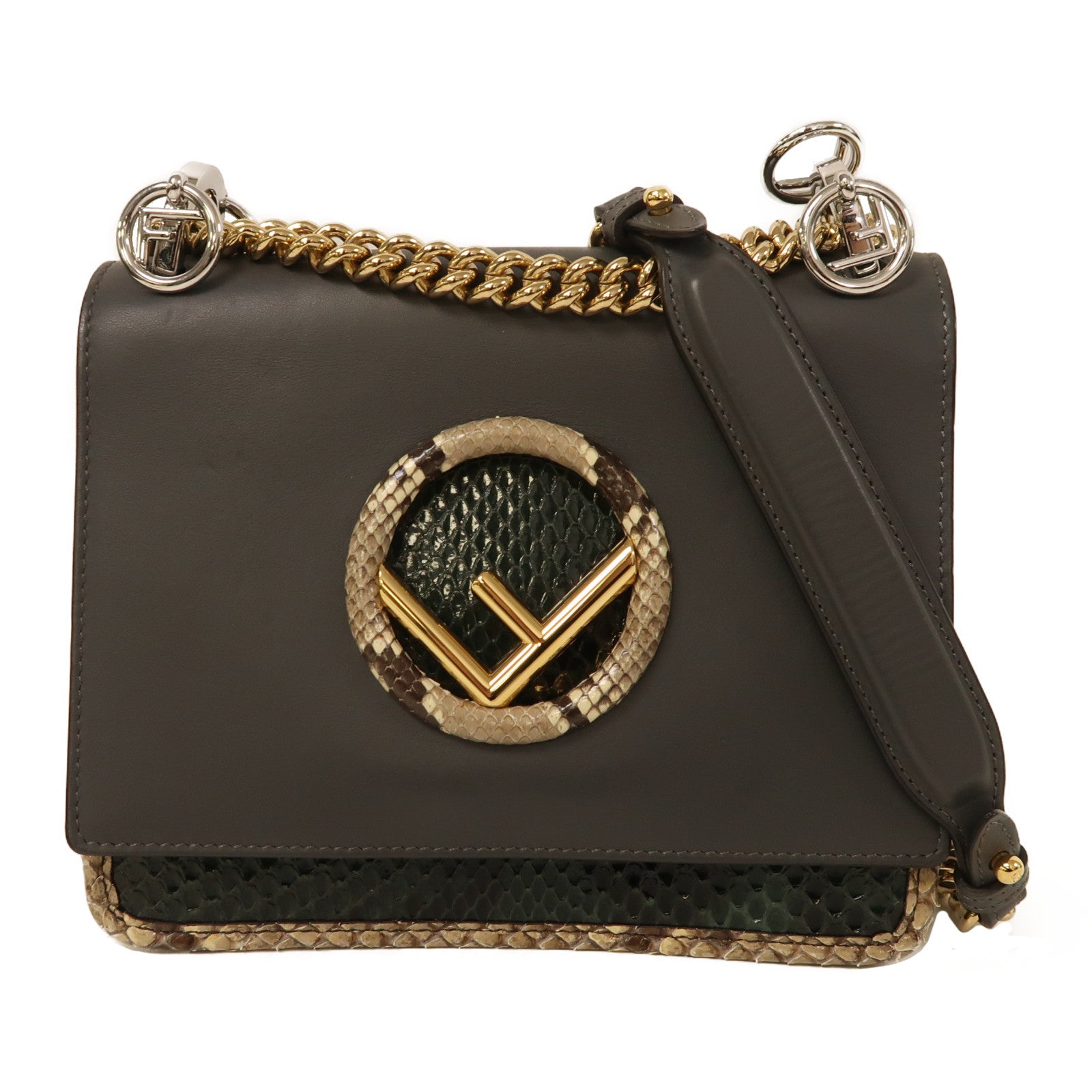 FENDI 蛇皮皮革Kan I鏈帶肩背袋灰色