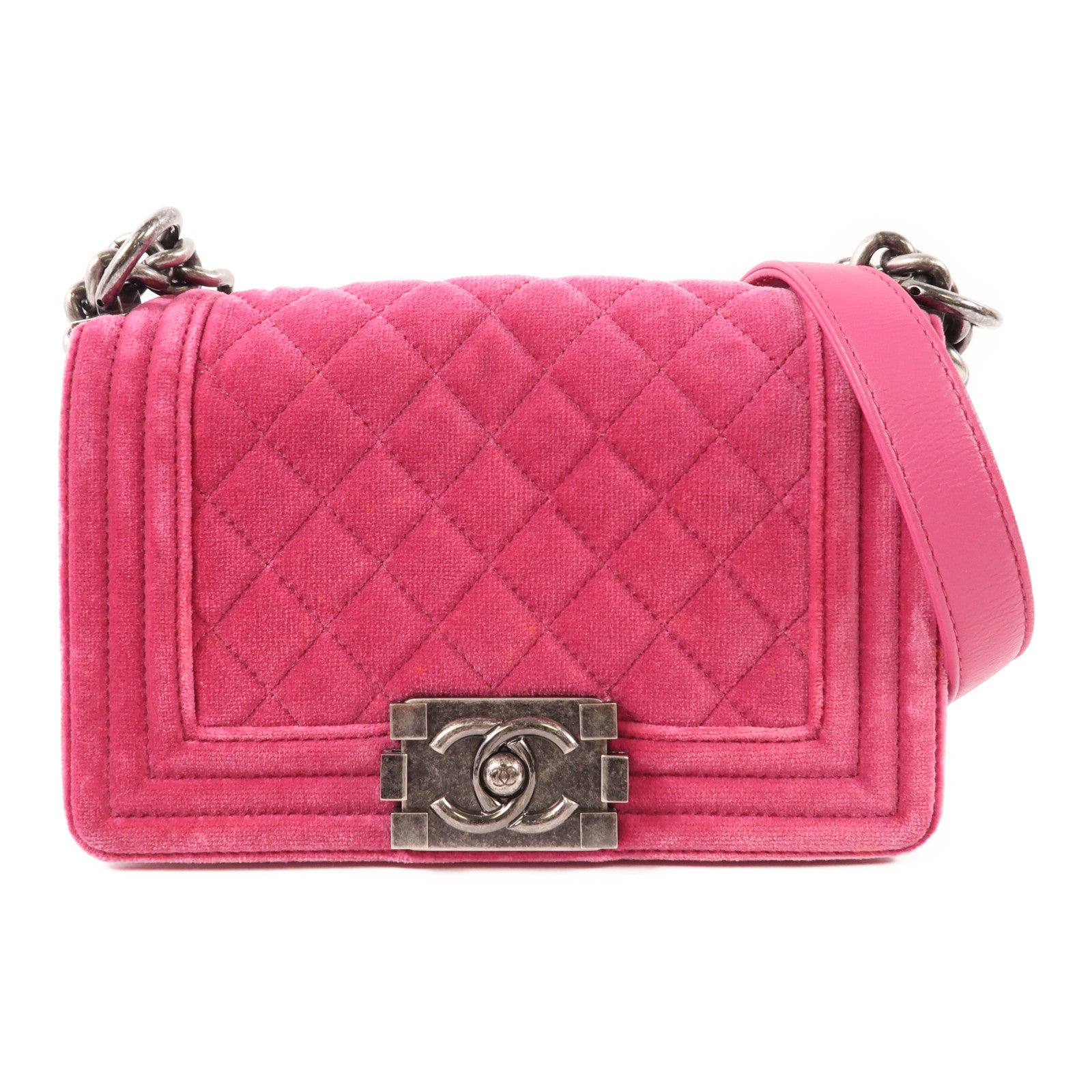 CHANEL CC Boy 20 Chain Shoulder Bag Velvet Pink