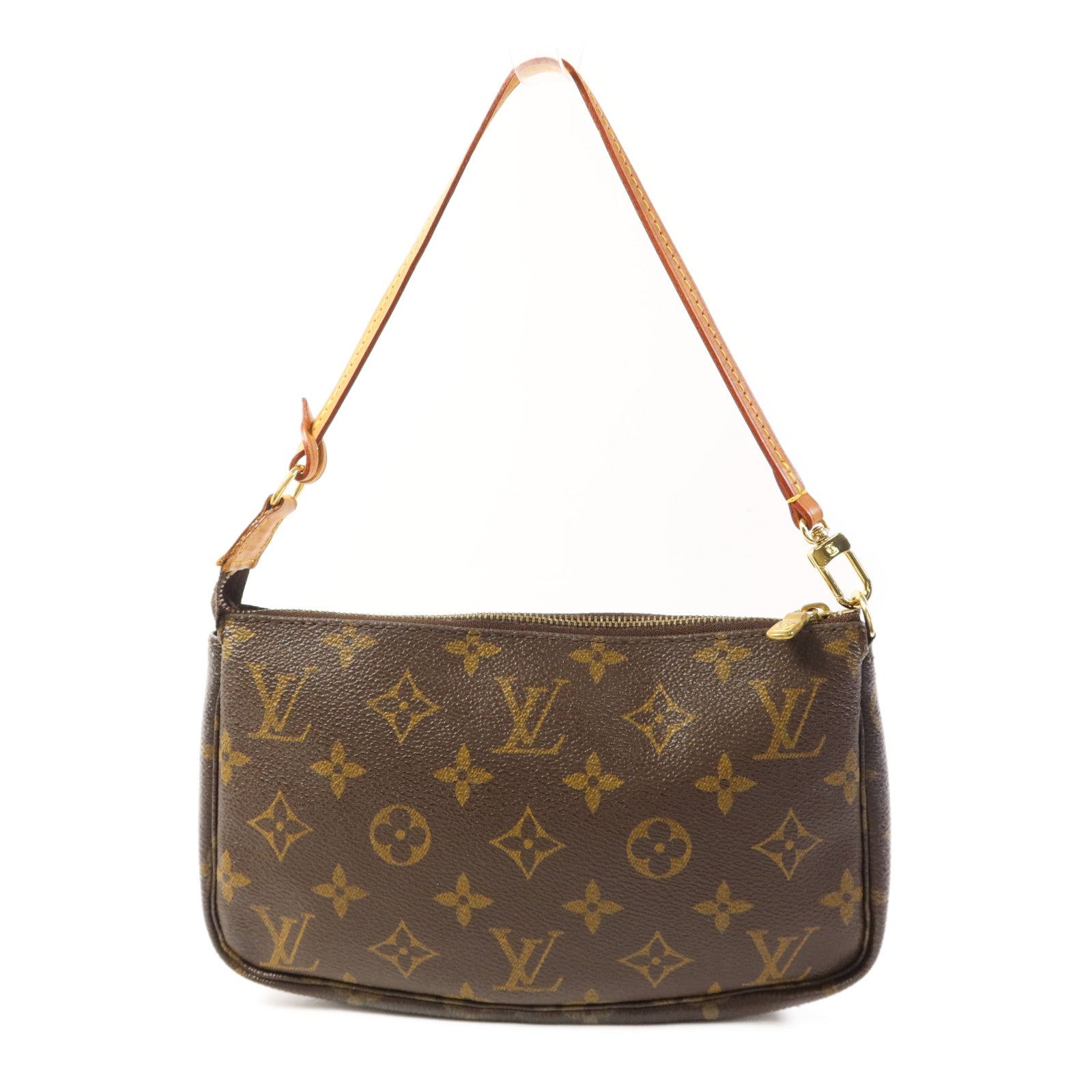 LOUIS VUITTON Monogram Pochette Accessoires金扣手挽袋棕色