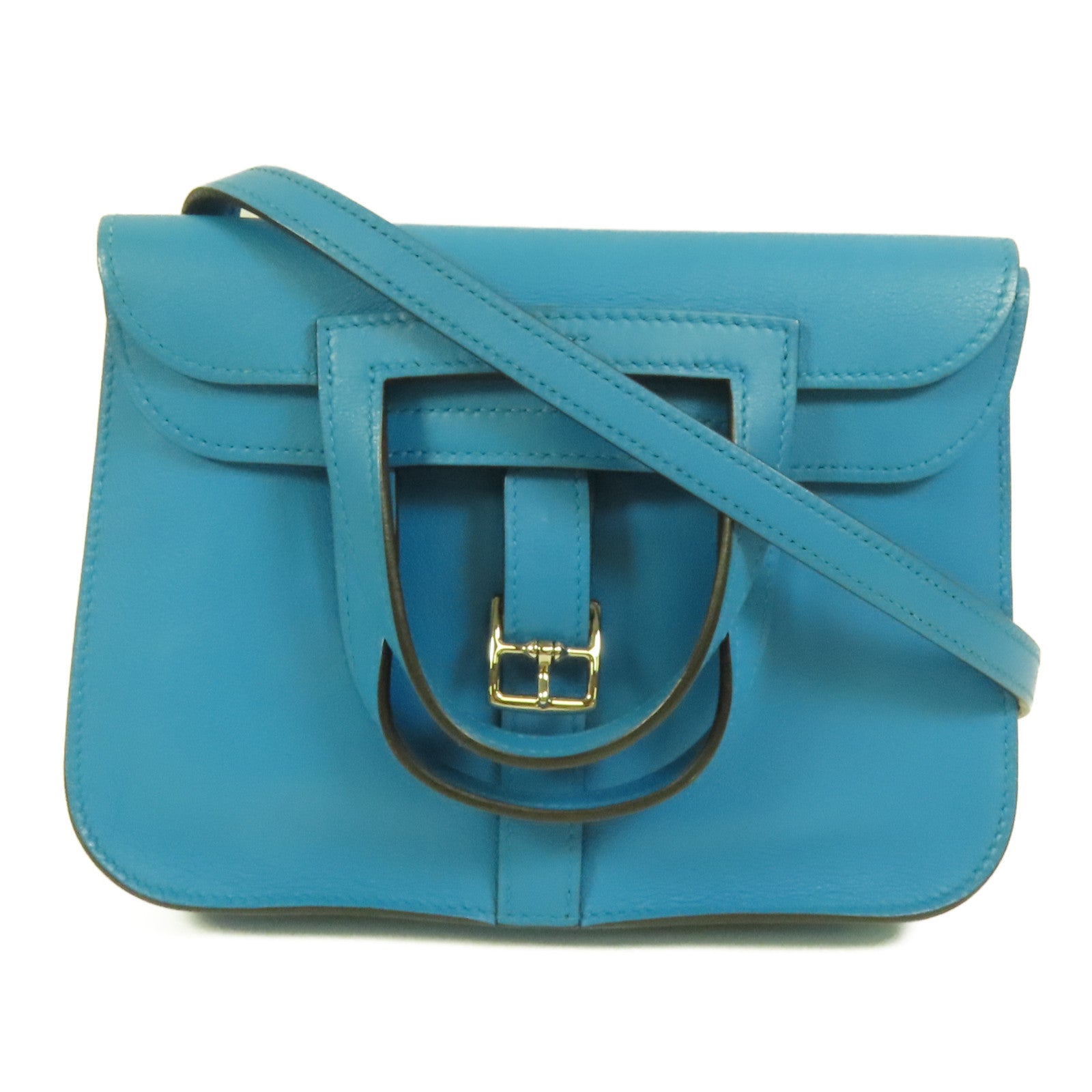 HERMES Swift皮革Mini Halzan銀扣手挽肩背兩用袋Bleu Zanzibar