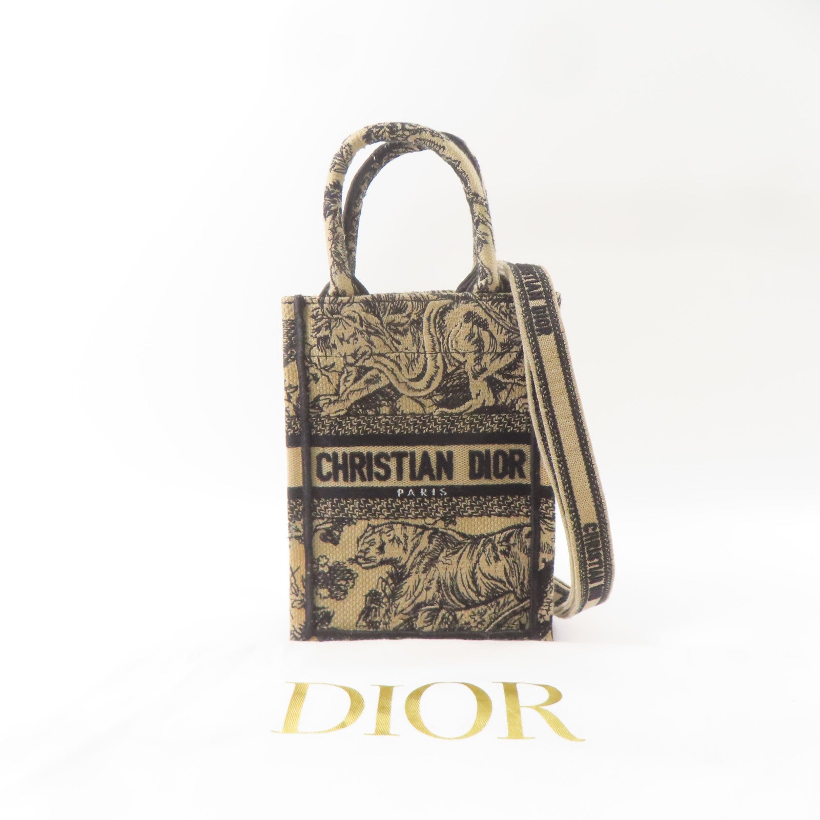 Dior 帆布Mini Vertical Dior Book Tote金扣手挽肩背兩用袋淺褐色/黑色
