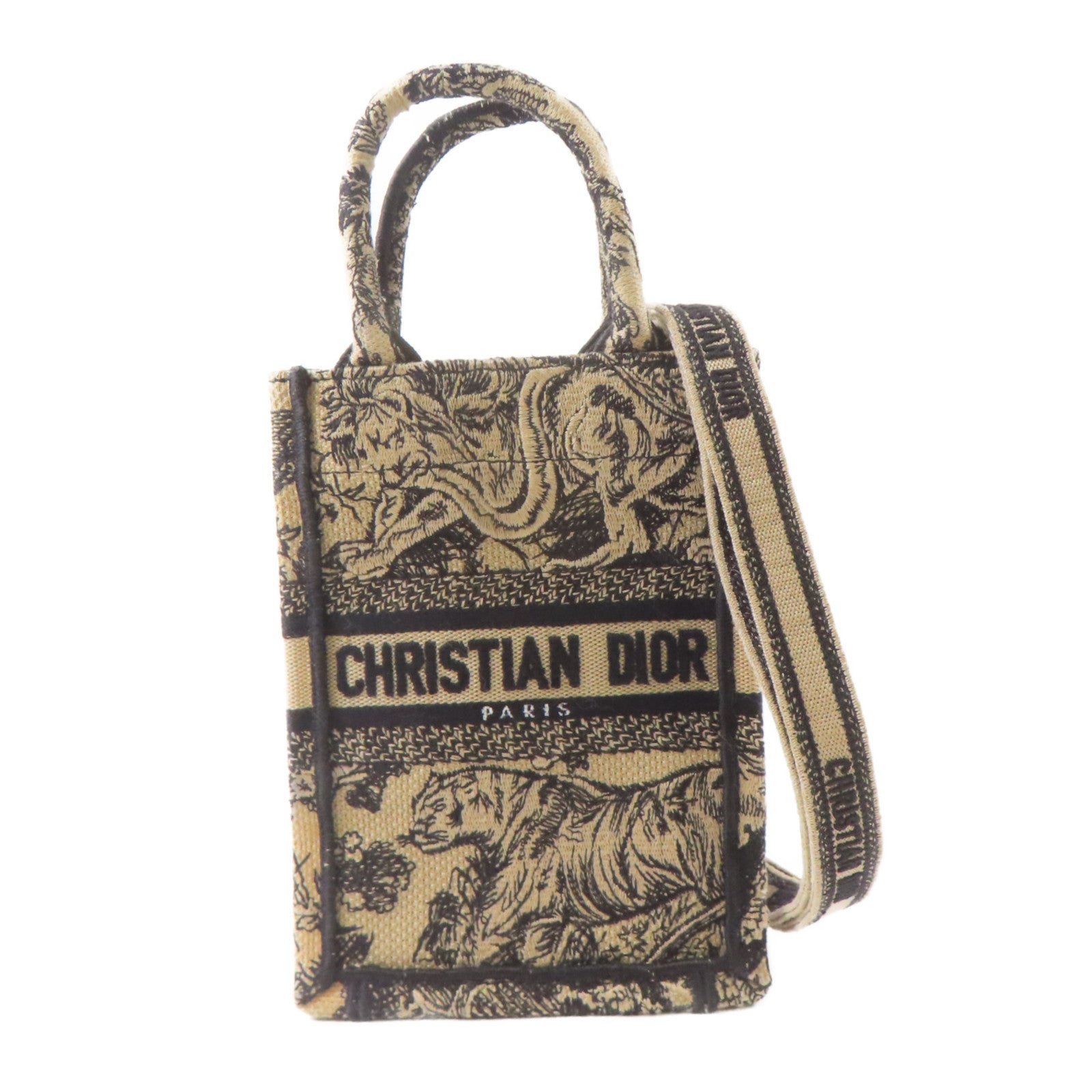 Dior 帆布Mini Vertical Dior Book Tote金扣手挽肩背兩用袋淺褐色/黑色