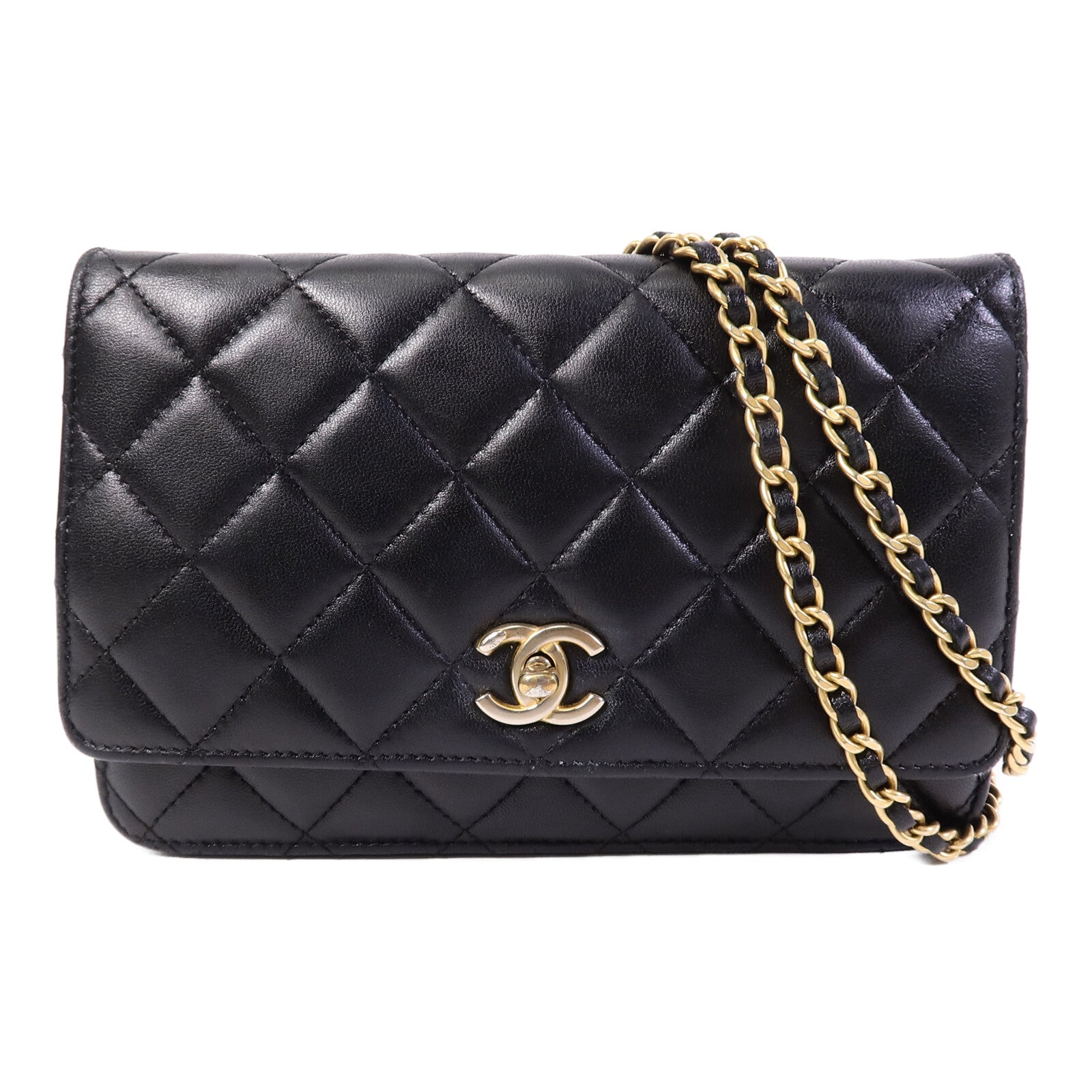 CHANEL 羊皮皮革Wallet On Chain W Gold Ball鏈帶肩背袋