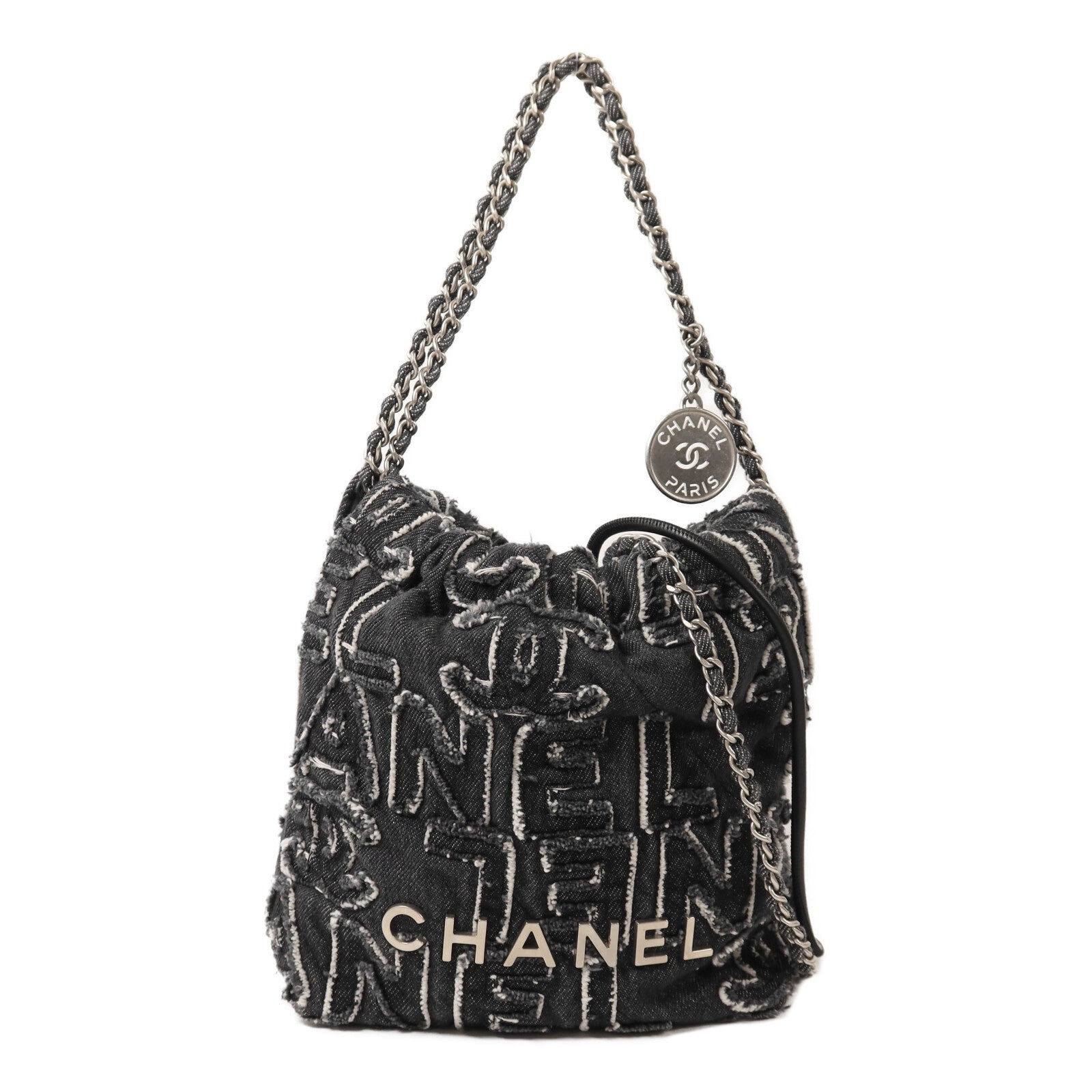 CHANEL 牛仔布Chanel 22 Mini銀扣鏈帶肩背袋