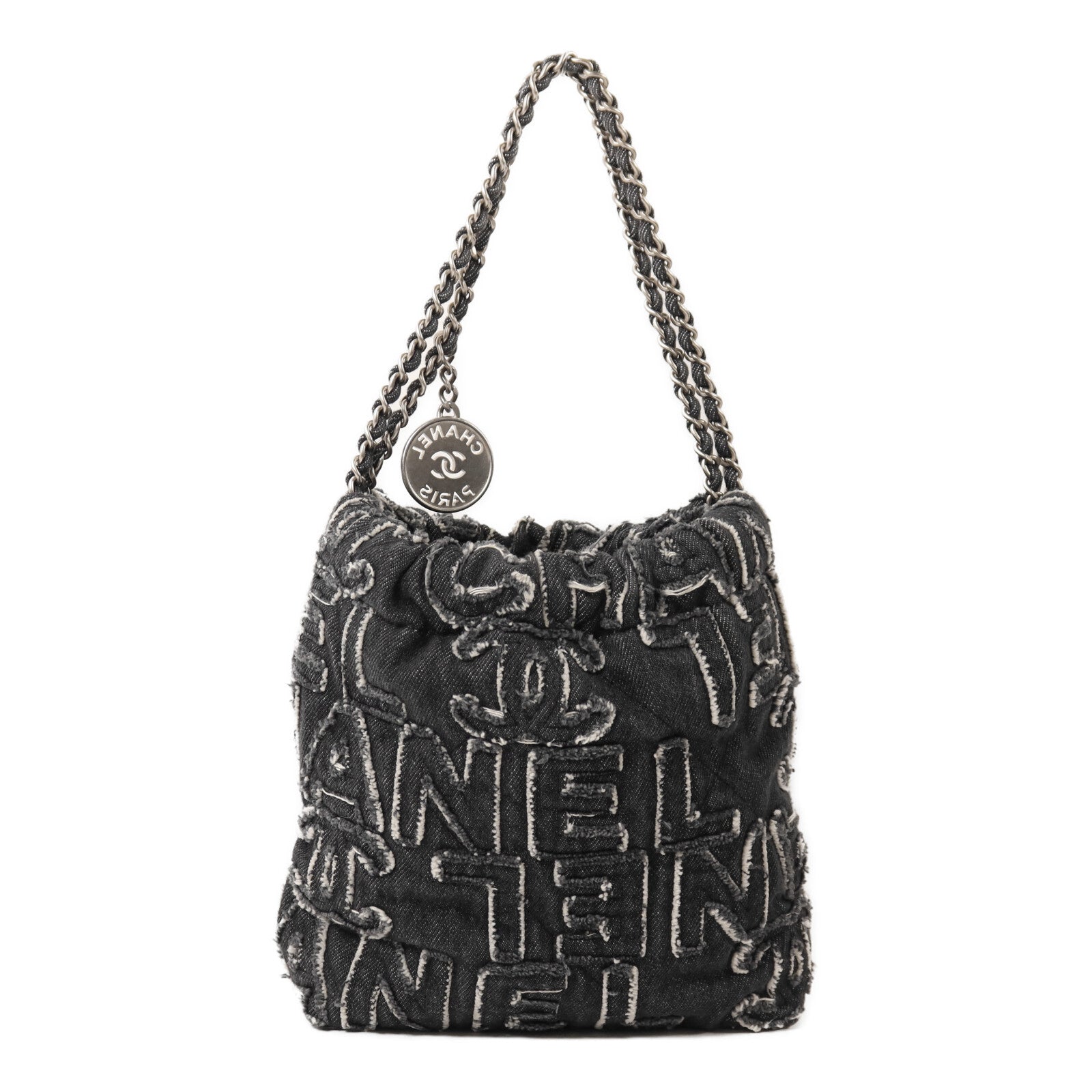 CHANEL 牛仔布Chanel 22 Mini銀扣鏈帶肩背袋