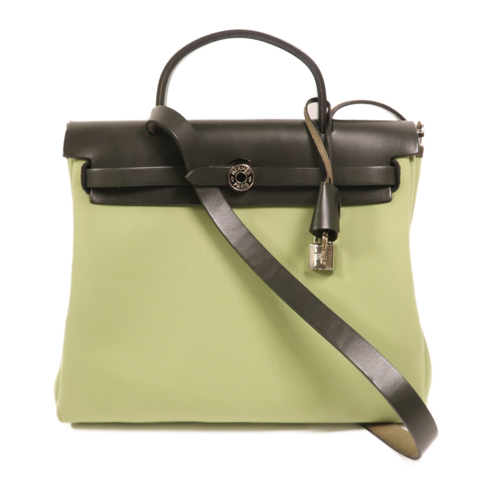 HERMES 帆布Herbag PM銀扣手挽肩背兩用袋Vert Criquet