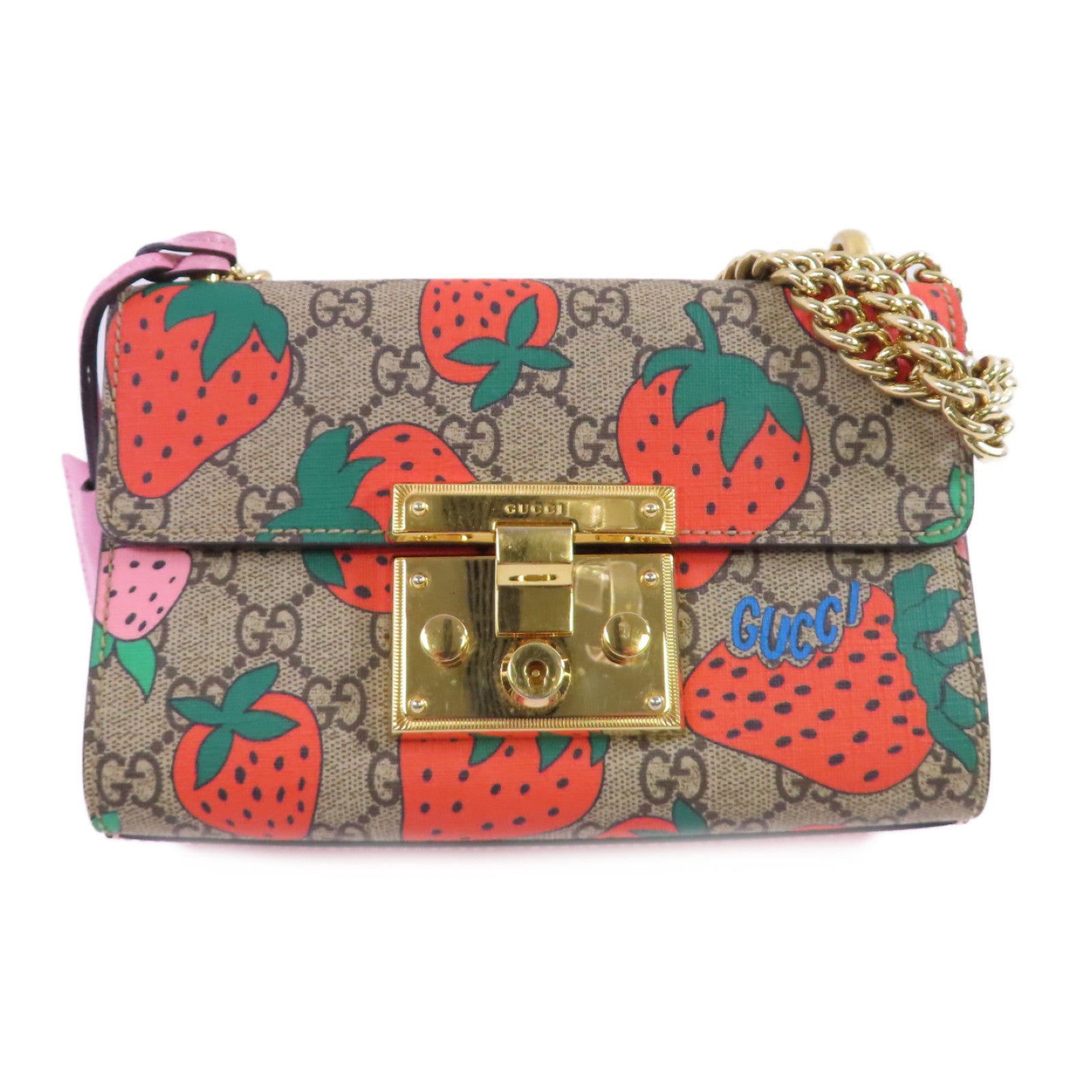 GUCCI GHW GG Supreme Padlock Small Shoulder Bag Coated Canvas 409487 Brown Pink