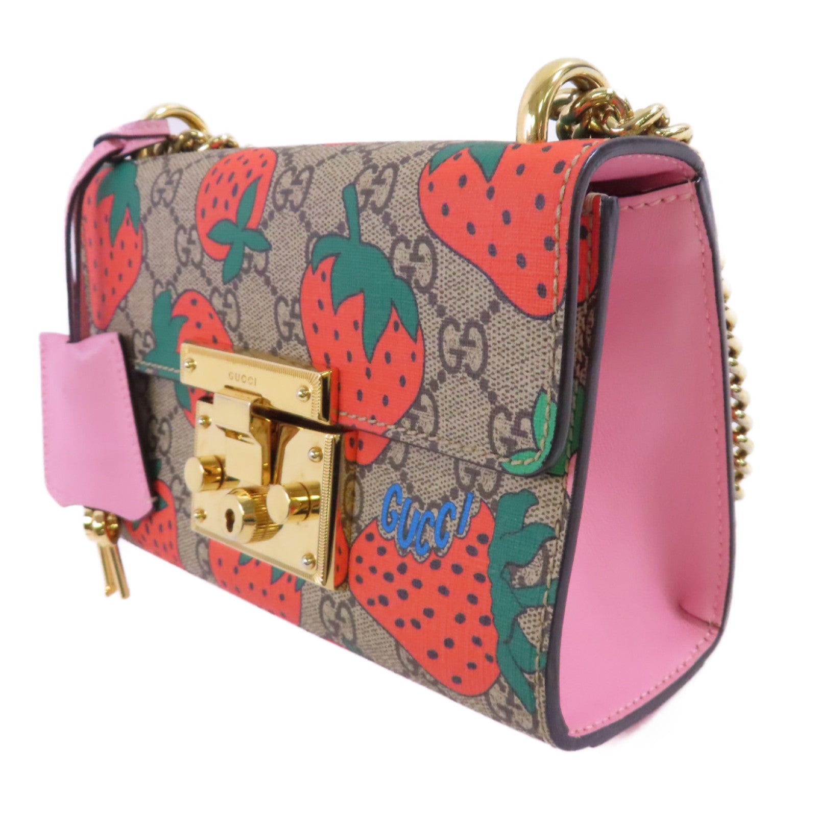 GUCCI 塗層帆布GG Supreme Padlock Small Shoulder Bag金扣鏈帶肩背袋啡色/粉紅色/紅色